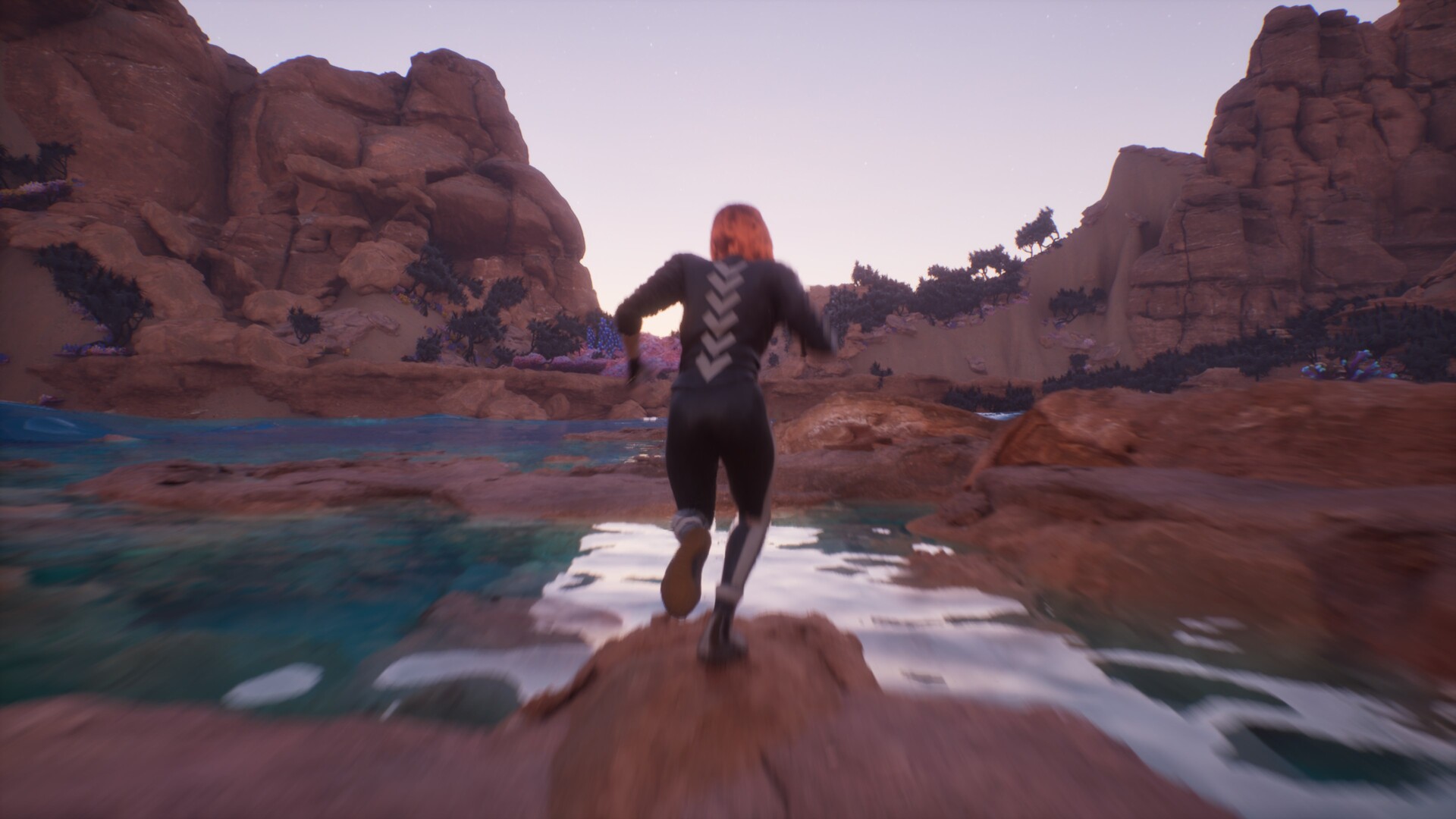 角色站在懸崖邊緣，遠處有發光物體