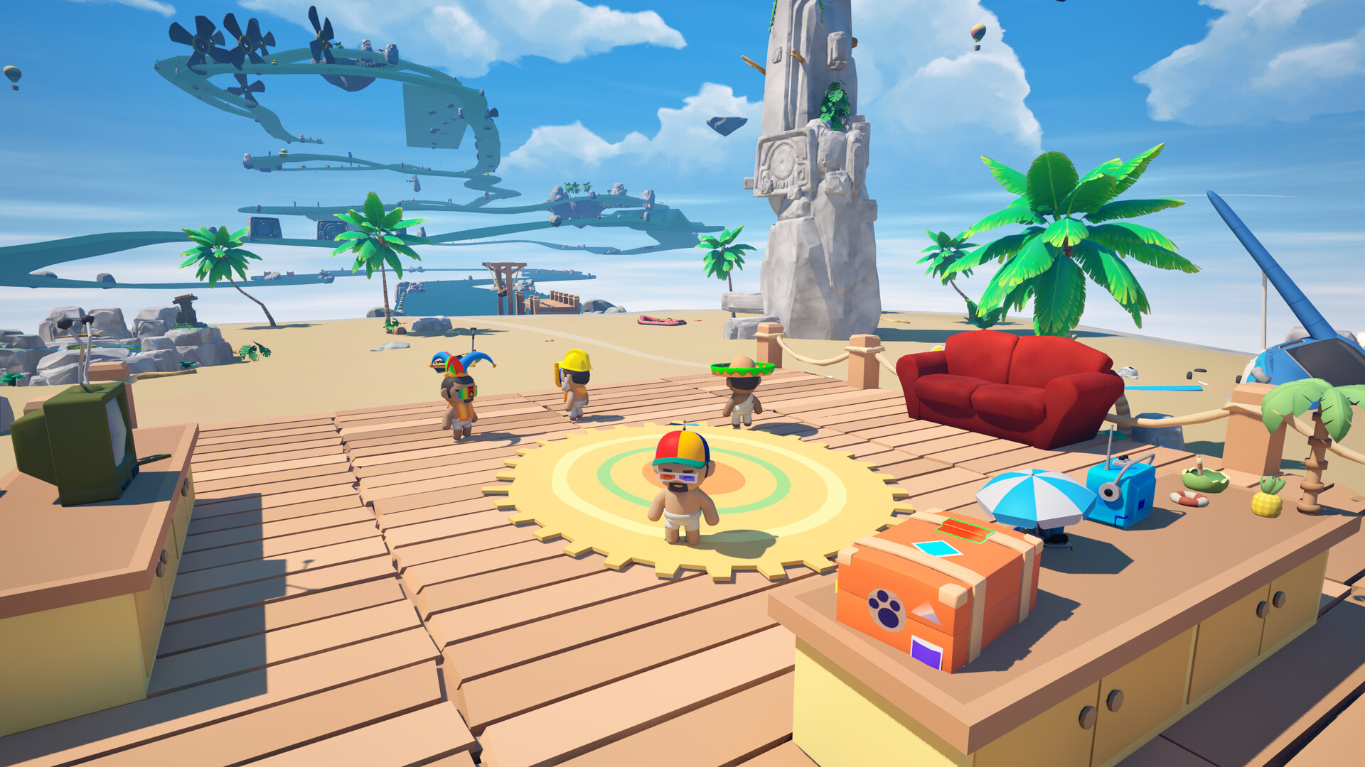 四名玩家乘坐一艘船，在充滿障礙的水域中前行。