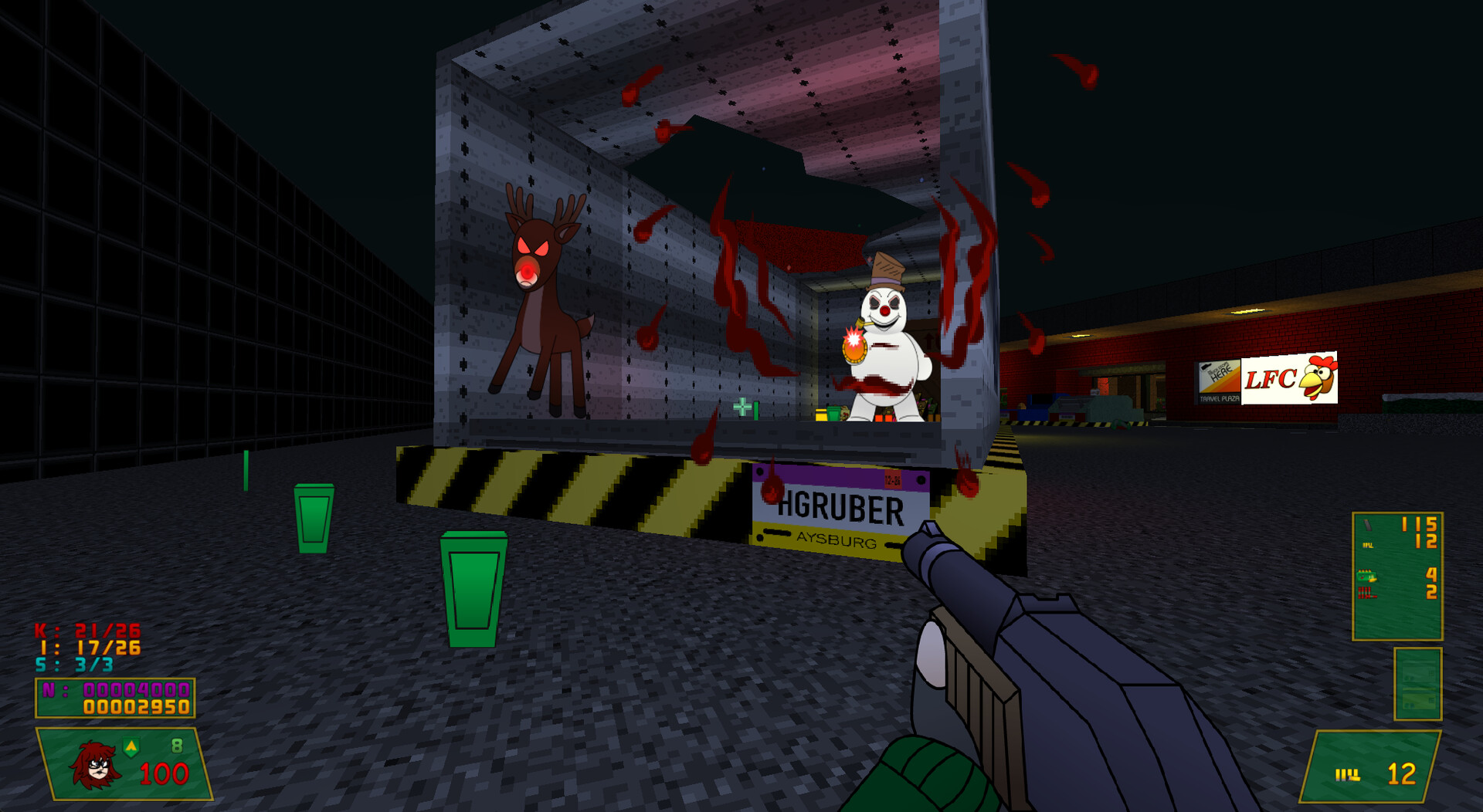 主角Sanya手持雙槍，在色彩鮮豔的場景中與敵人交火。