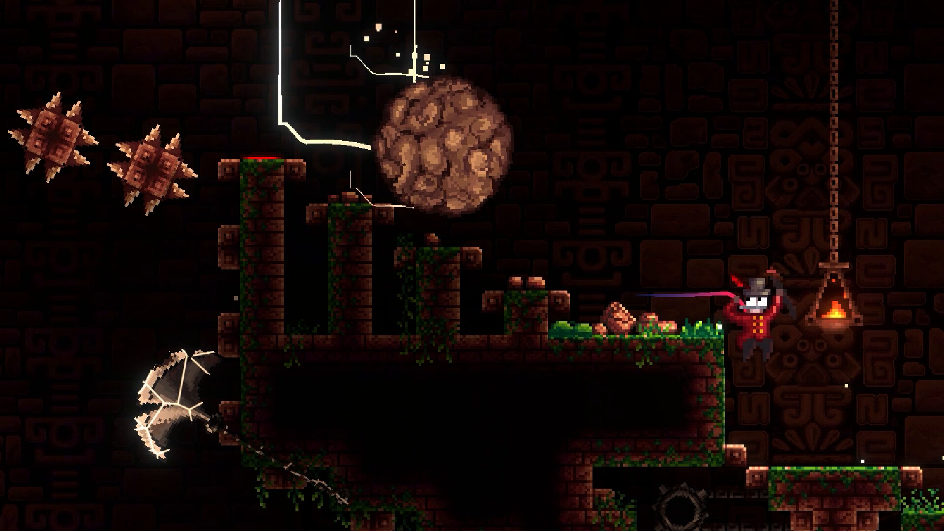 一個角色在充滿尖刺的環境中艱難前行。