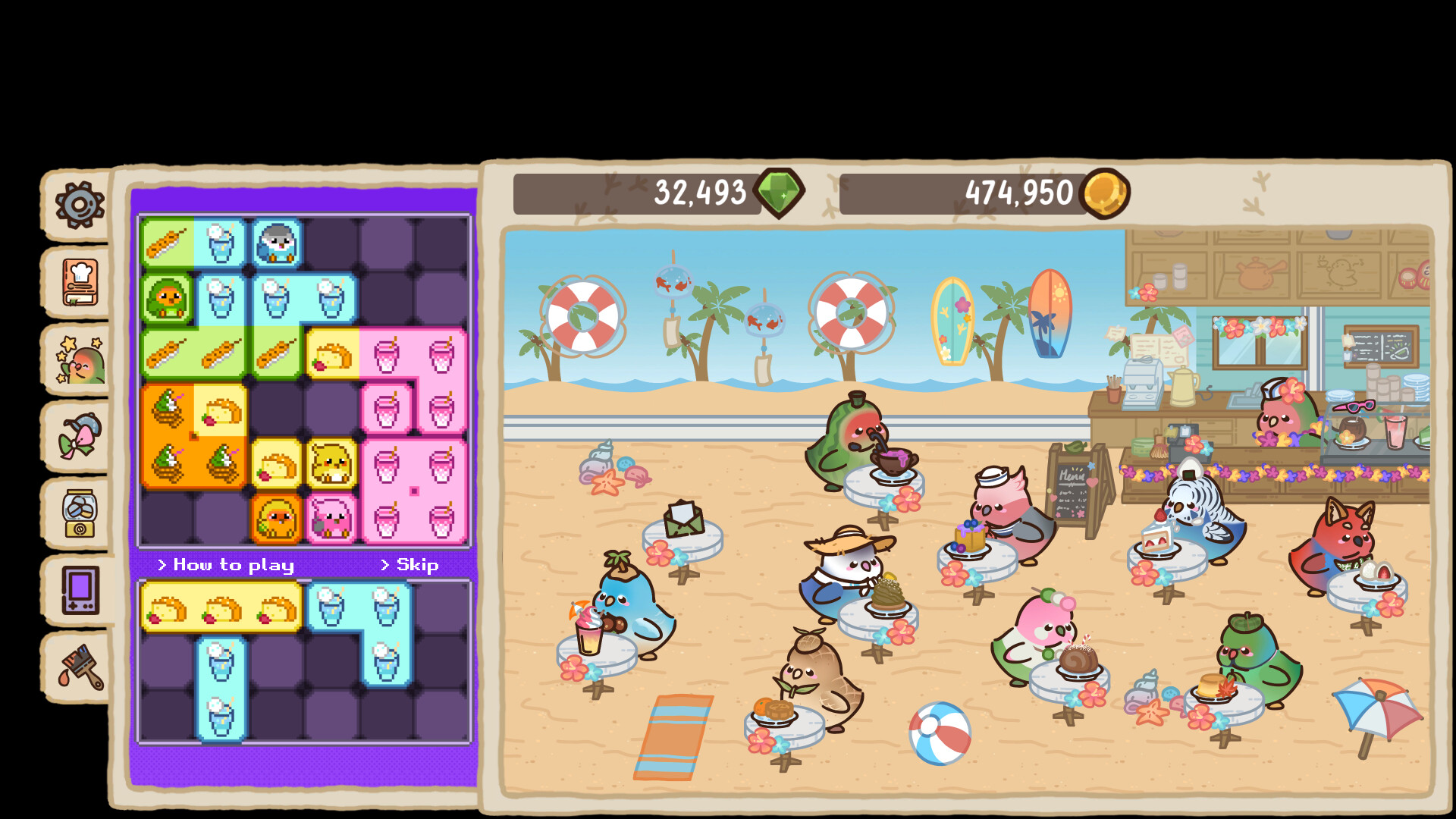 多隻可愛的鳥兒在咖啡館內享用餐點，展現了遊戲溫馨的氛圍。