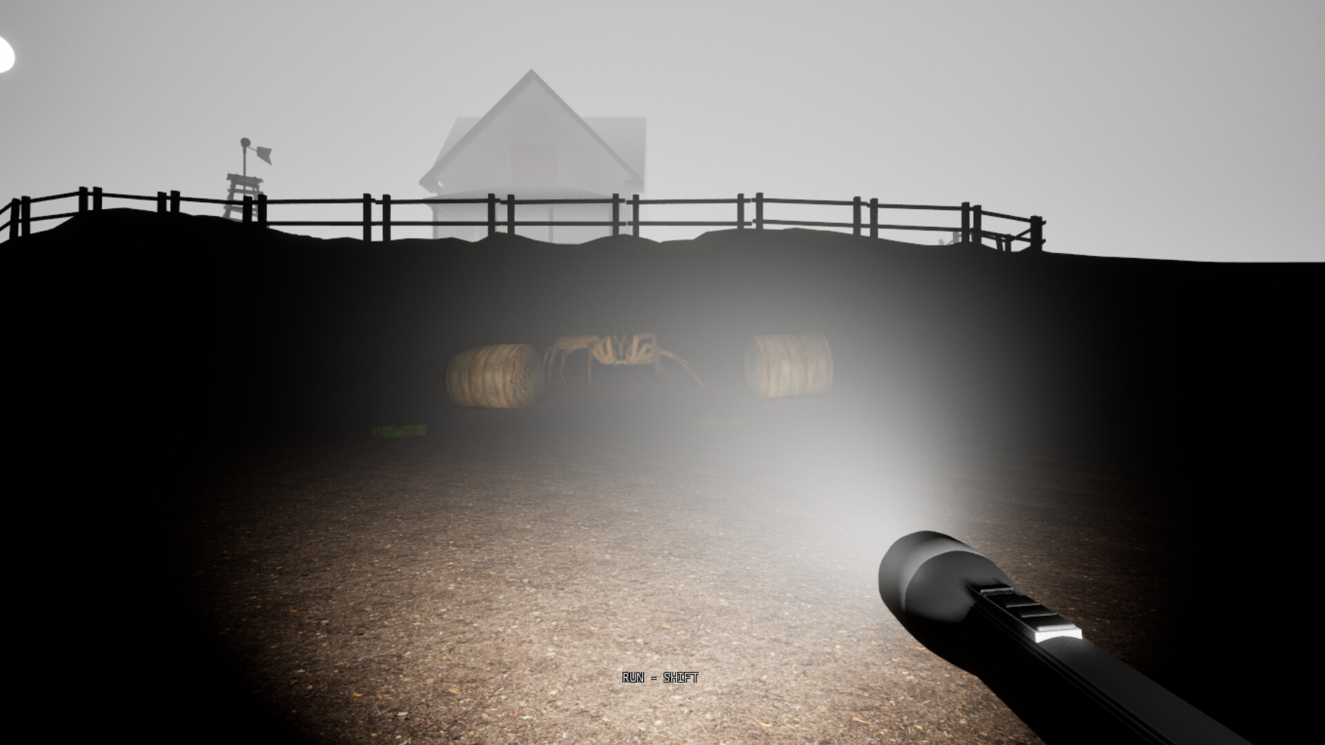 一個被摧毀或燃燒的區域，與周圍寧靜的田野形成鮮明對比。