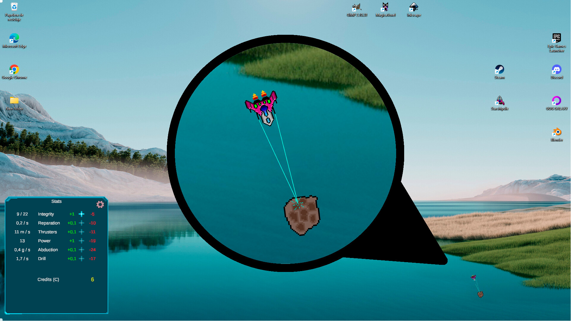 星際飛船 (StarShipdle) 遊戲畫面，展示採礦場景