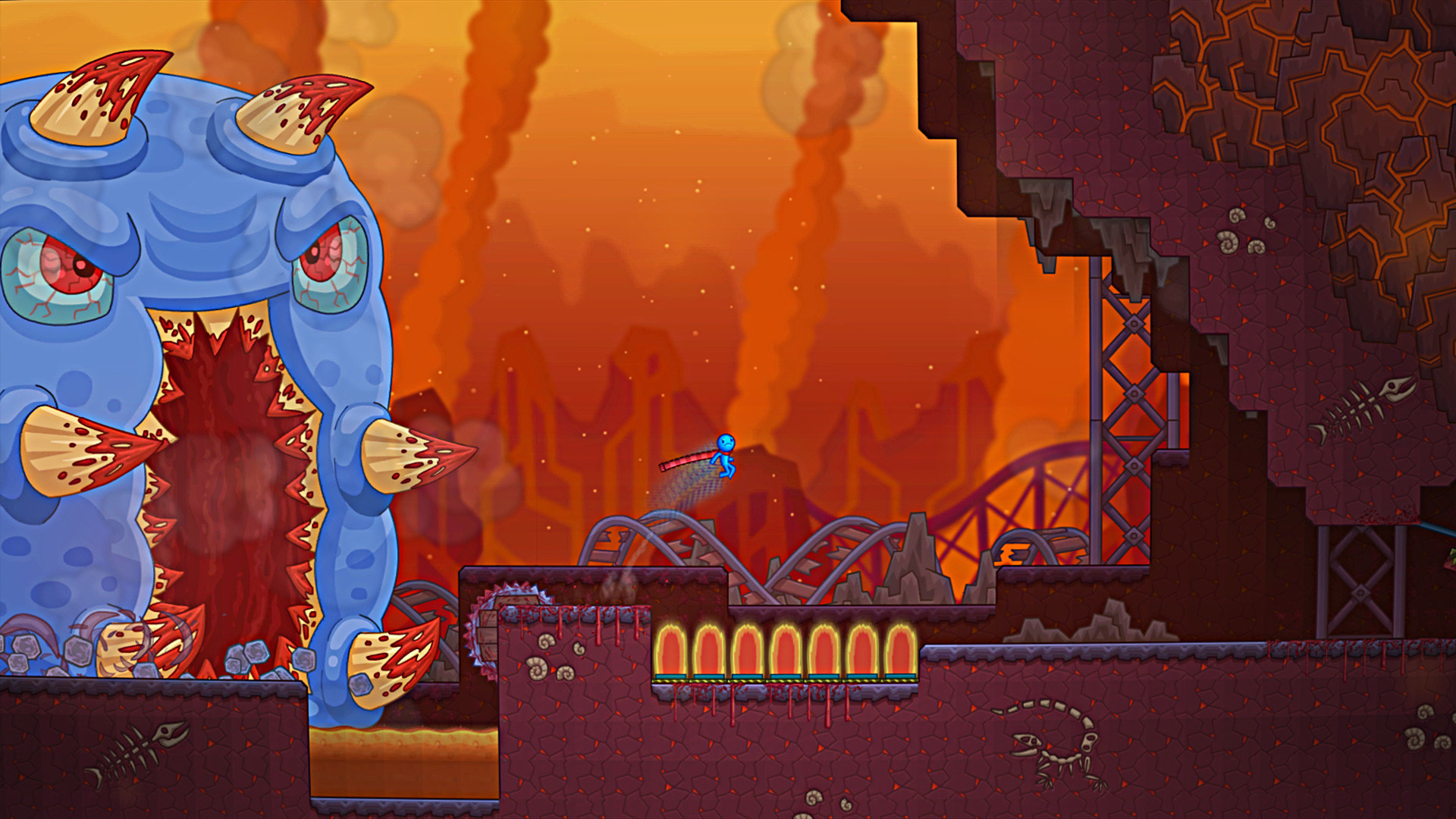 主角在充滿尖刺的環境中跳躍