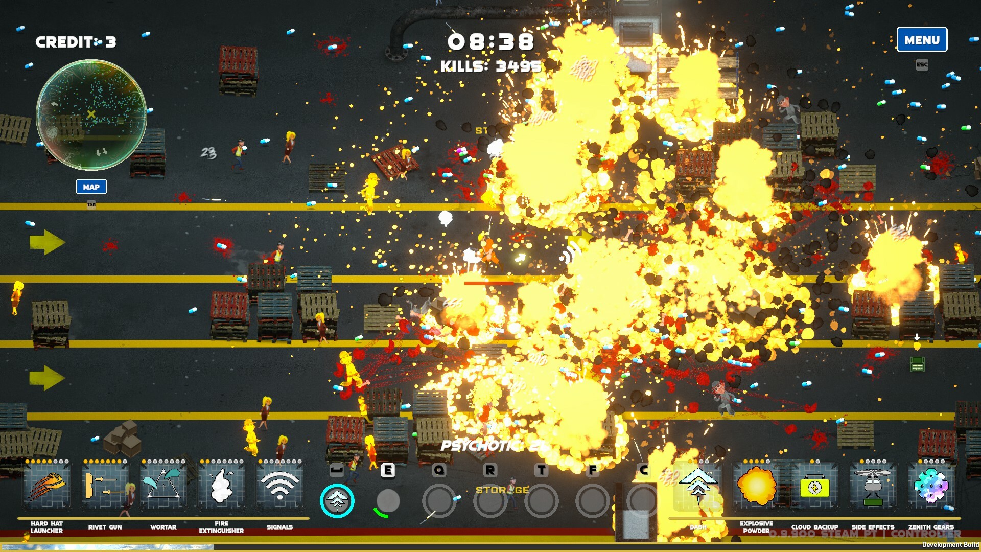 遊戲截圖，展示了角色在充滿敵人的環境中戰鬥的俯視視角。