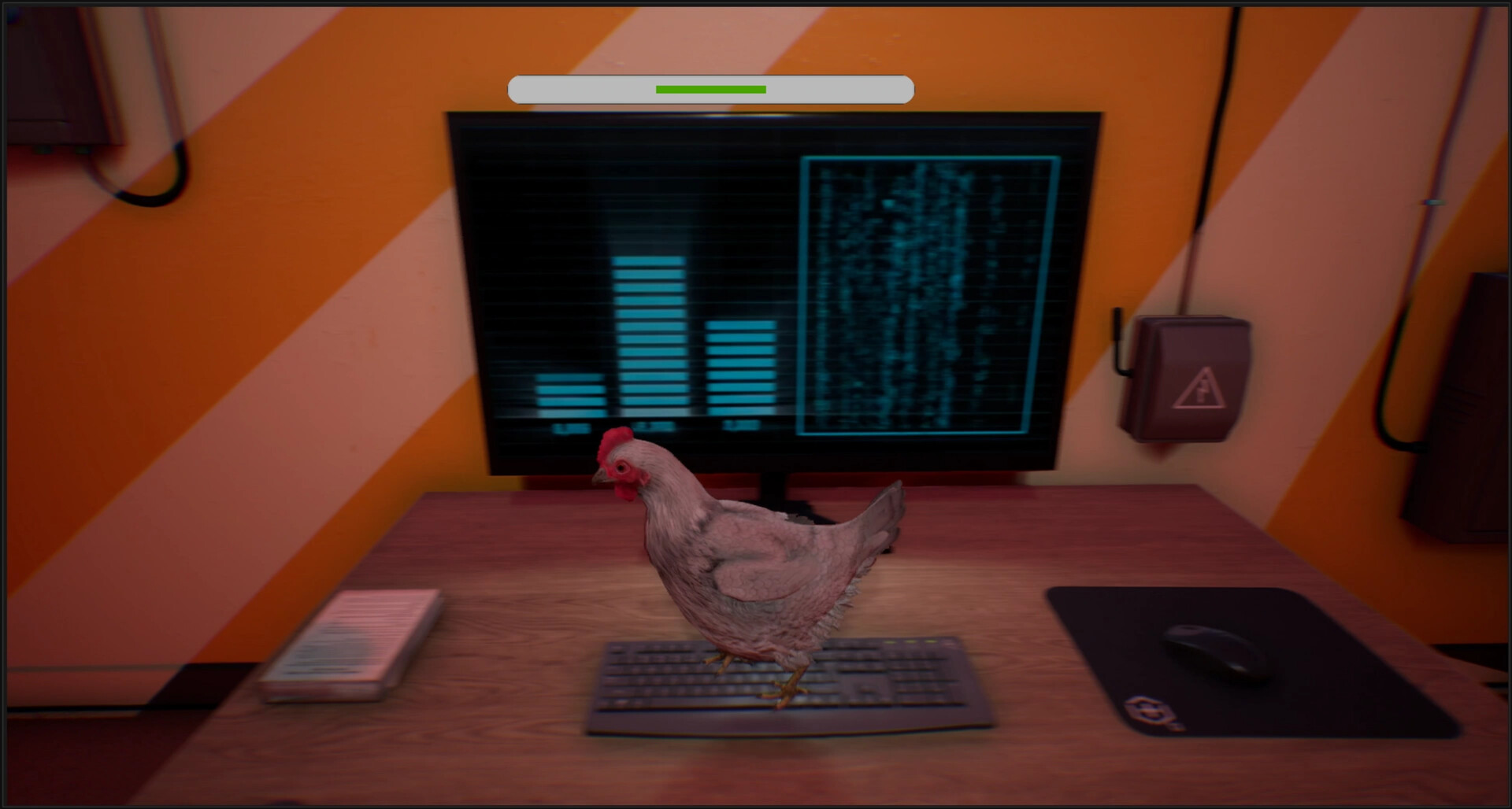 一隻雞站在一個黑暗的房間裡,面對著一個發光的大門,門上有一個符號。