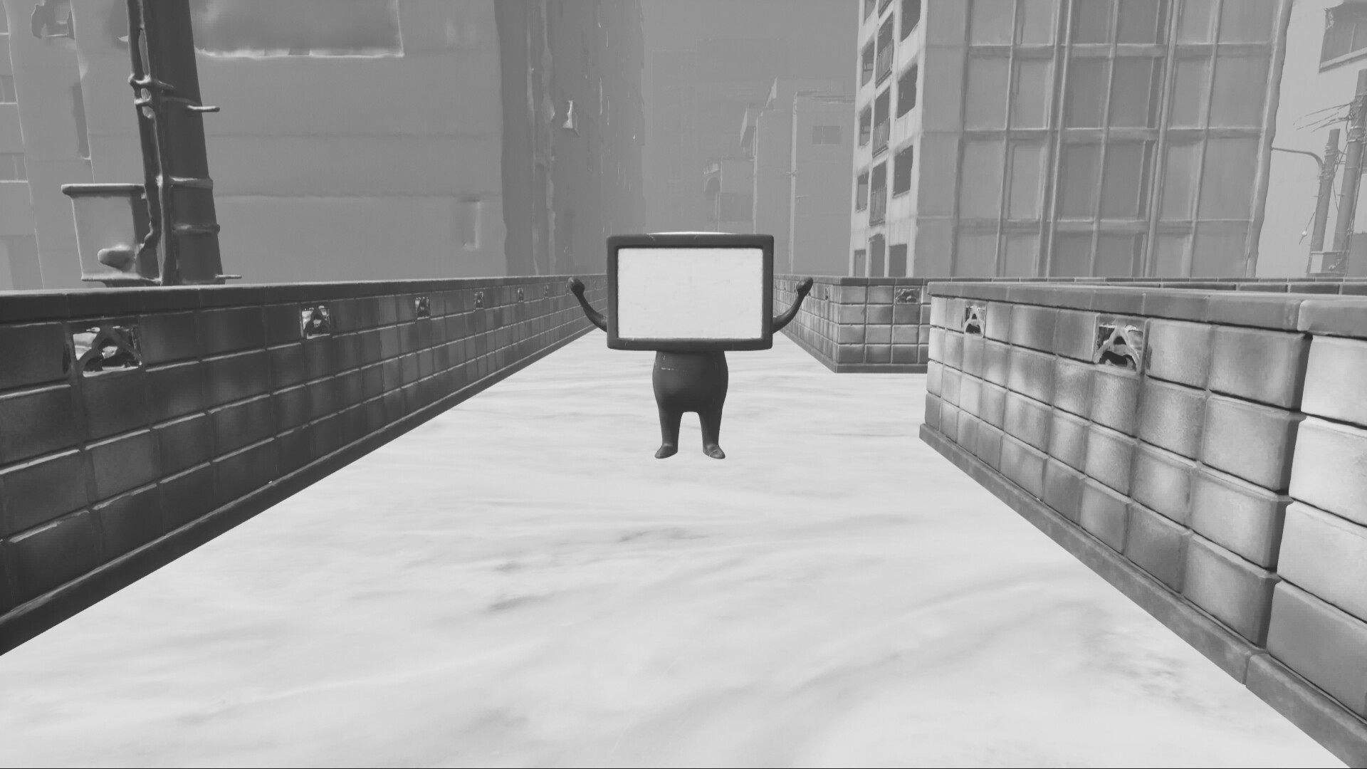 空曠的走廊是恐怖遊戲中的經典場景，在黑白畫面下更顯深邃和未知。