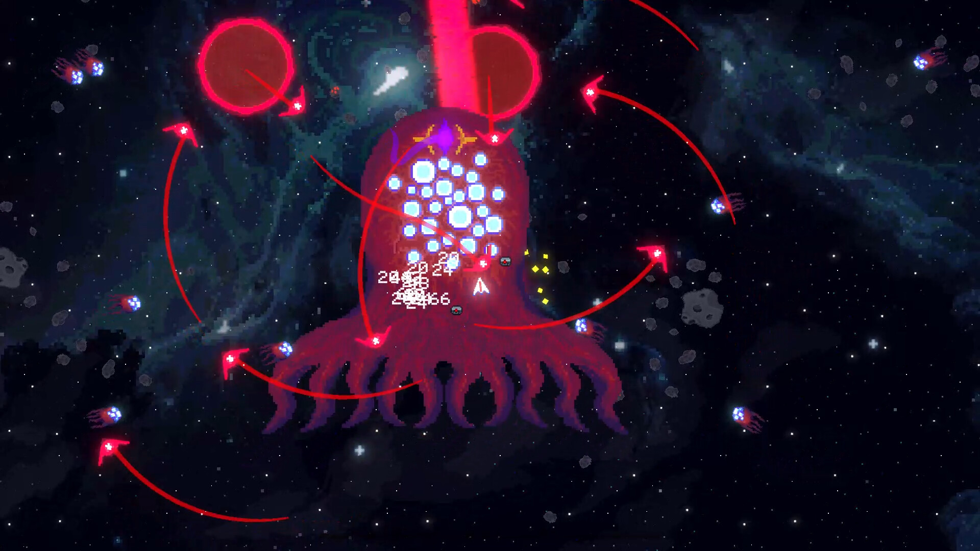 一個巨大的頭目級敵人在螢幕中央,釋放出複雜的彈幕攻擊。