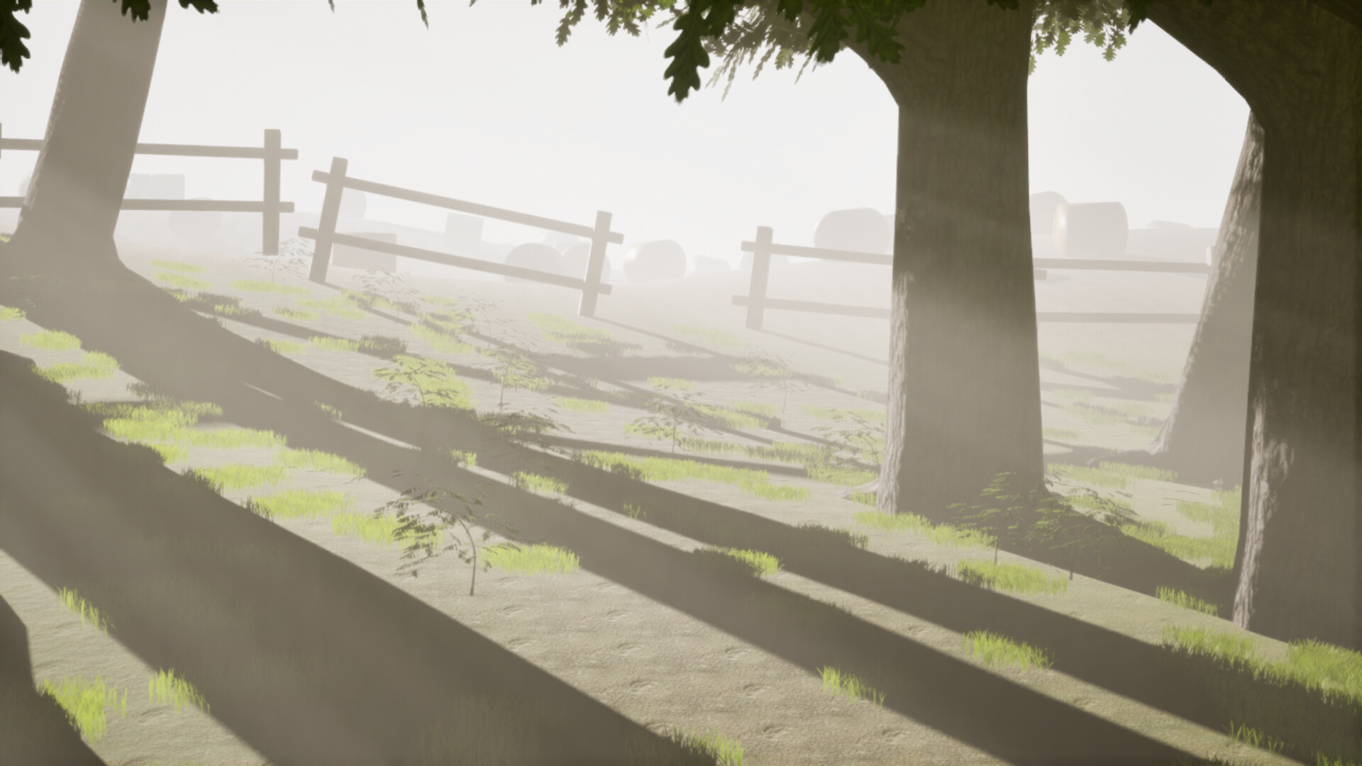 一個巨大的、發出紅光的符文或物體懸浮在乾草捆之間。