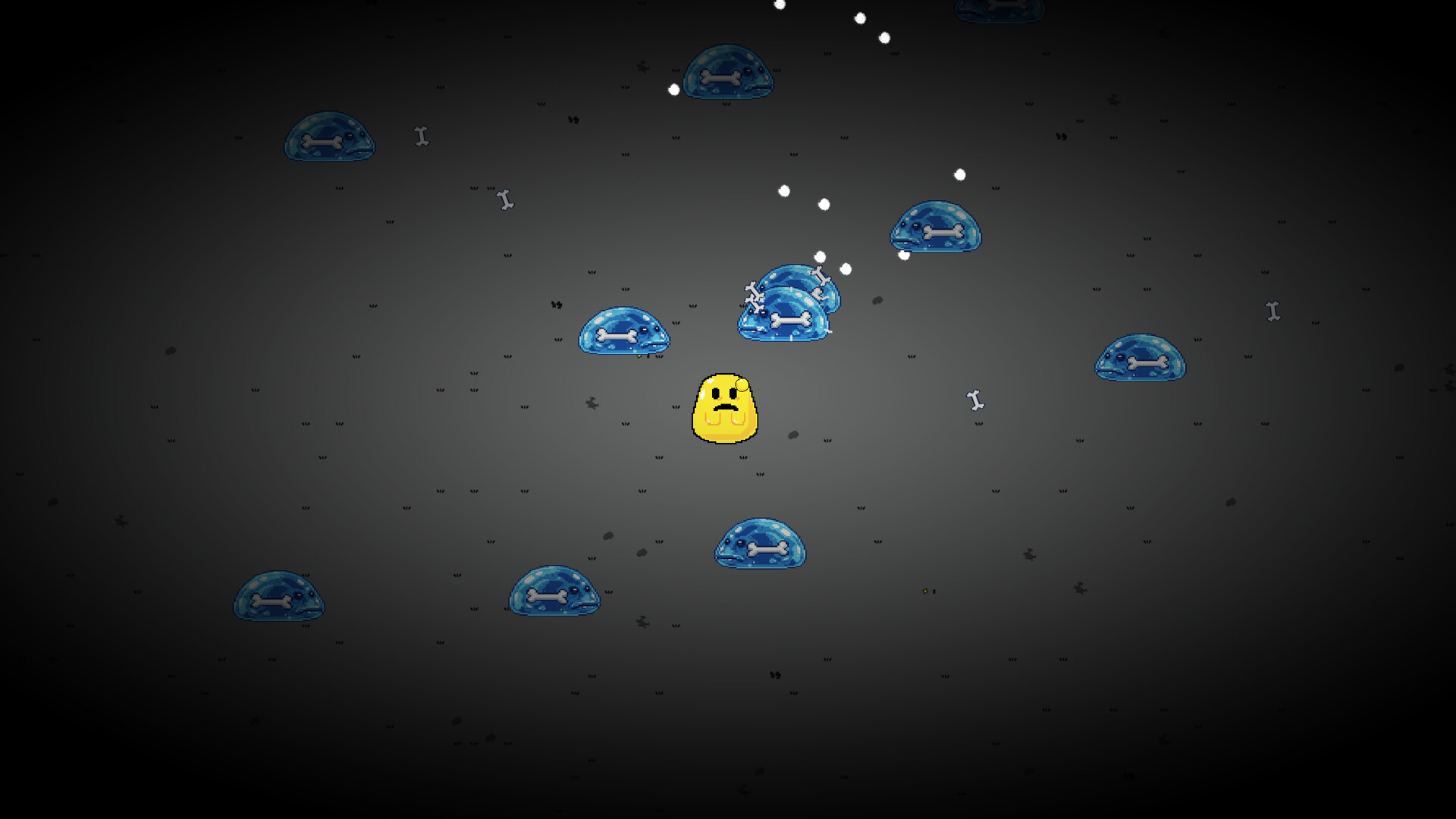 遊戲畫面截圖，展示了角色被大量球形怪物包圍的緊張戰鬥場景。