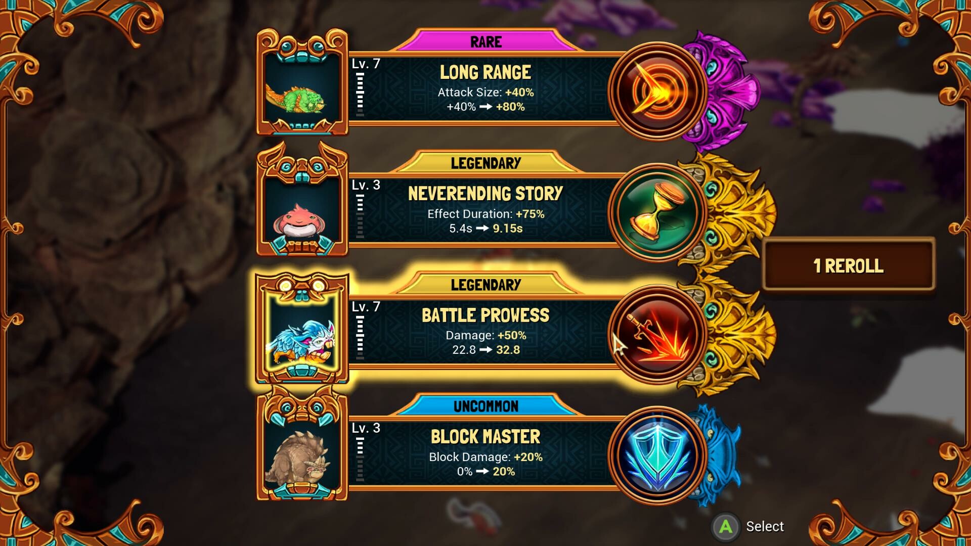 角色在升級時從三種隨機能力中選擇一種進行強化