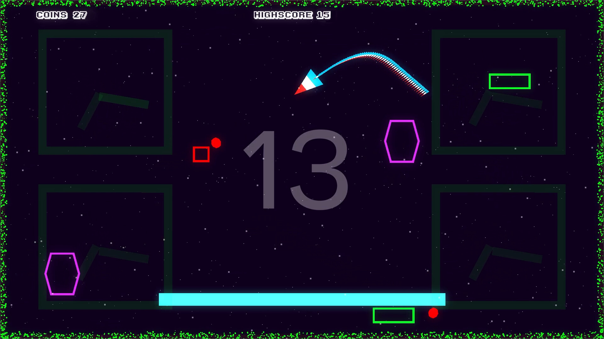 玩家的三角形飛船周圍環繞著護盾，抵擋來自四面八方的攻擊。