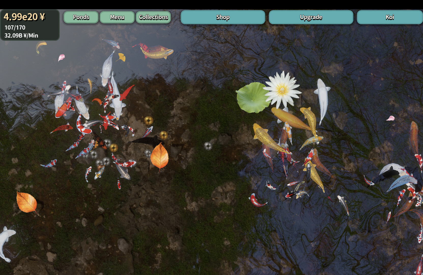 遊戲中的商店或圖鑑介面，展示了各種可解鎖的錦鯉和裝飾品。