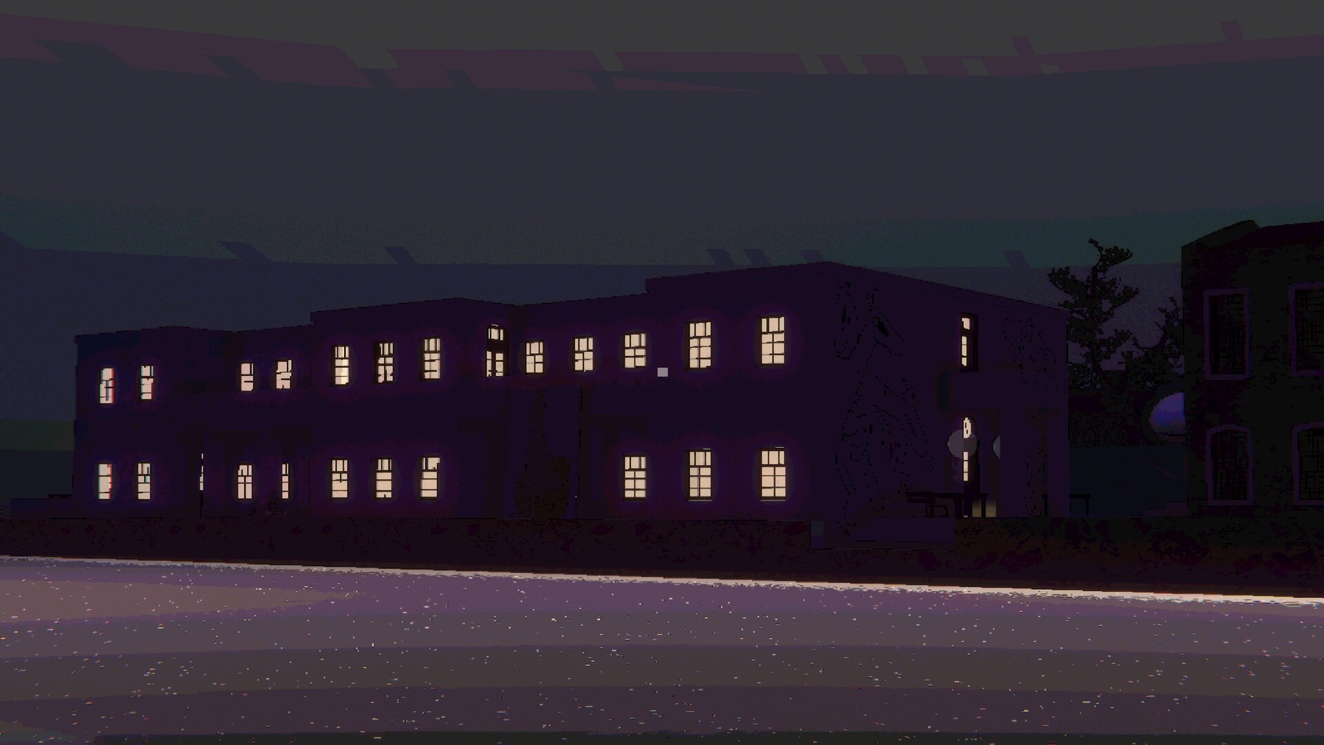 黃昏時分的戶外景象，光線溫暖，營造出寧靜而超現實的氛圍。