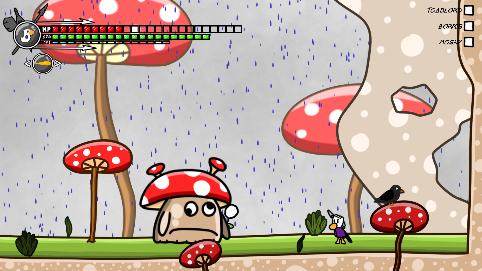 比克在一個開闊的場景中與一隻巨大的甲蟲狀生物戰鬥。