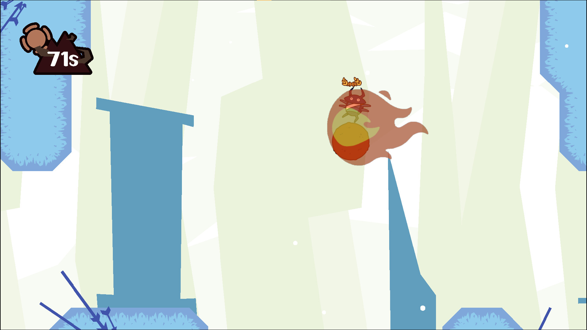 薛西弗斯和牠的糞球在一個充滿綠色植物和瀑布的洞穴中。