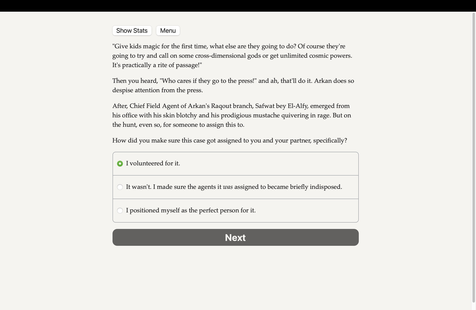 遊戲中的抉擇畫面，簡單的文字選項背後是複雜的劇情分支。