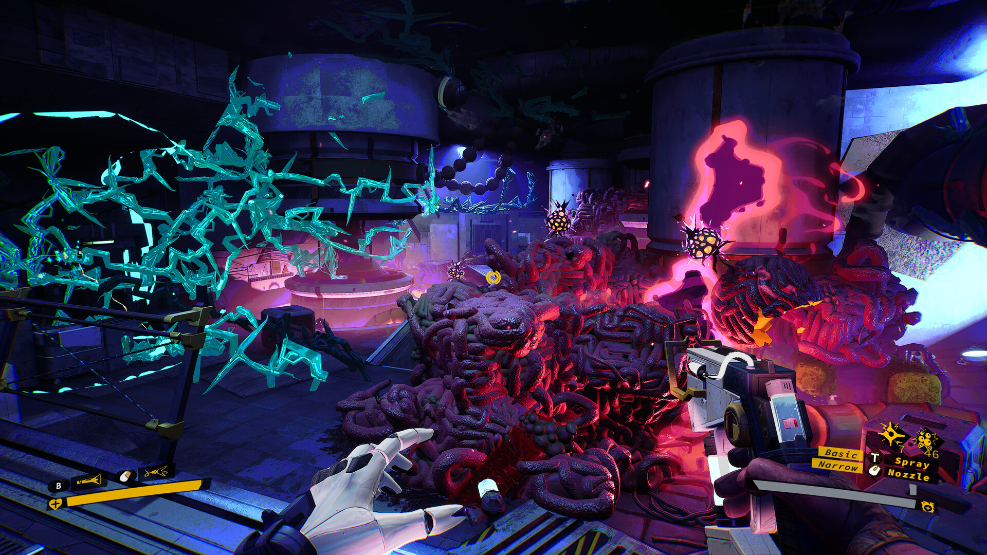 主角站在一個被巨大、發光的外星植物佔據的洞穴中,展現了遊戲獨特的生態系與美術風格。