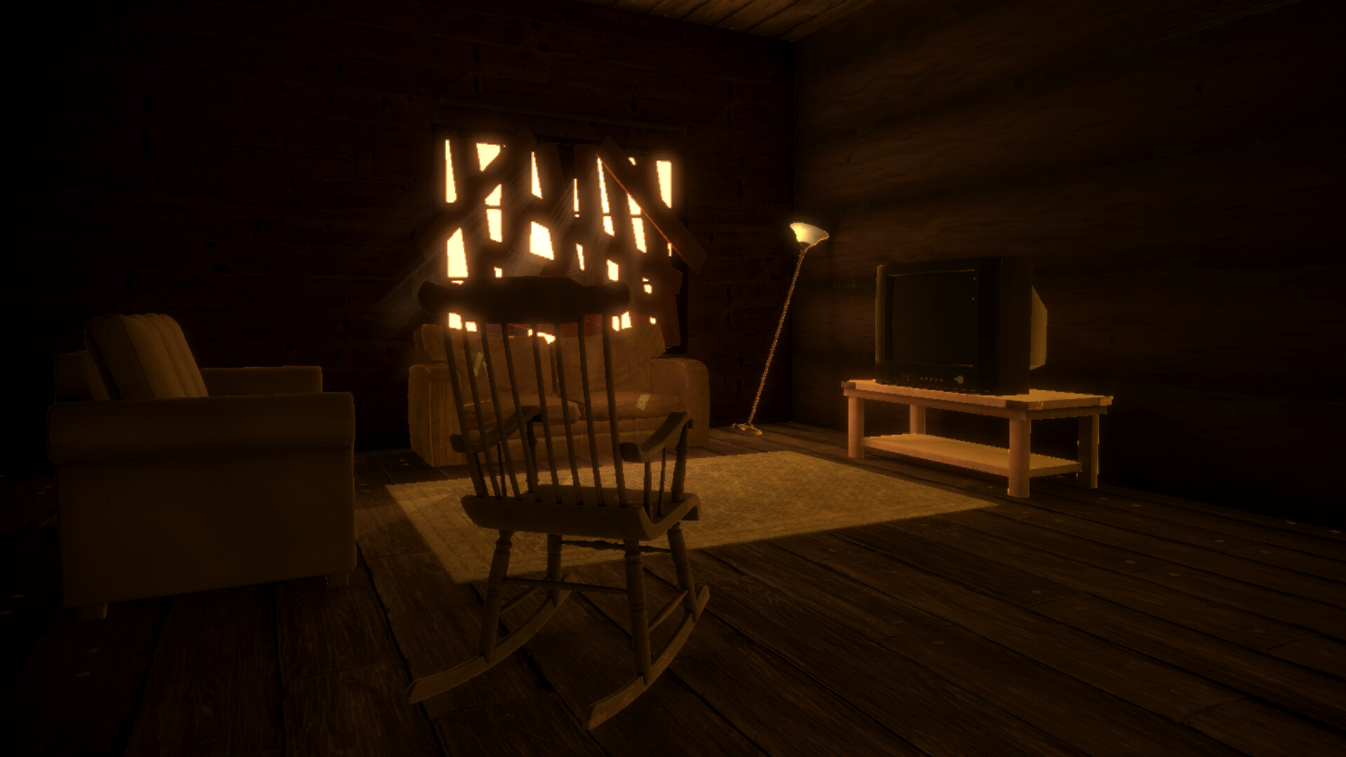 木屋外圍繞著一片廣闊而陰鬱的森林，充滿未知。