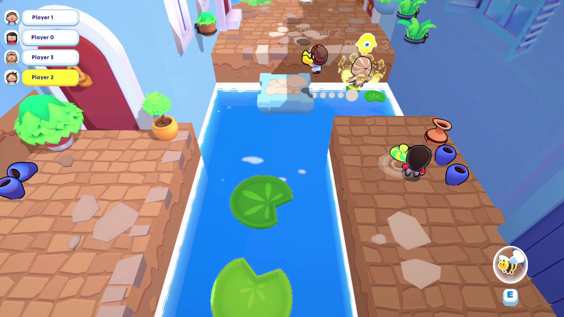 一個角色在充滿綠色植物和瀑布的關卡中跳躍。