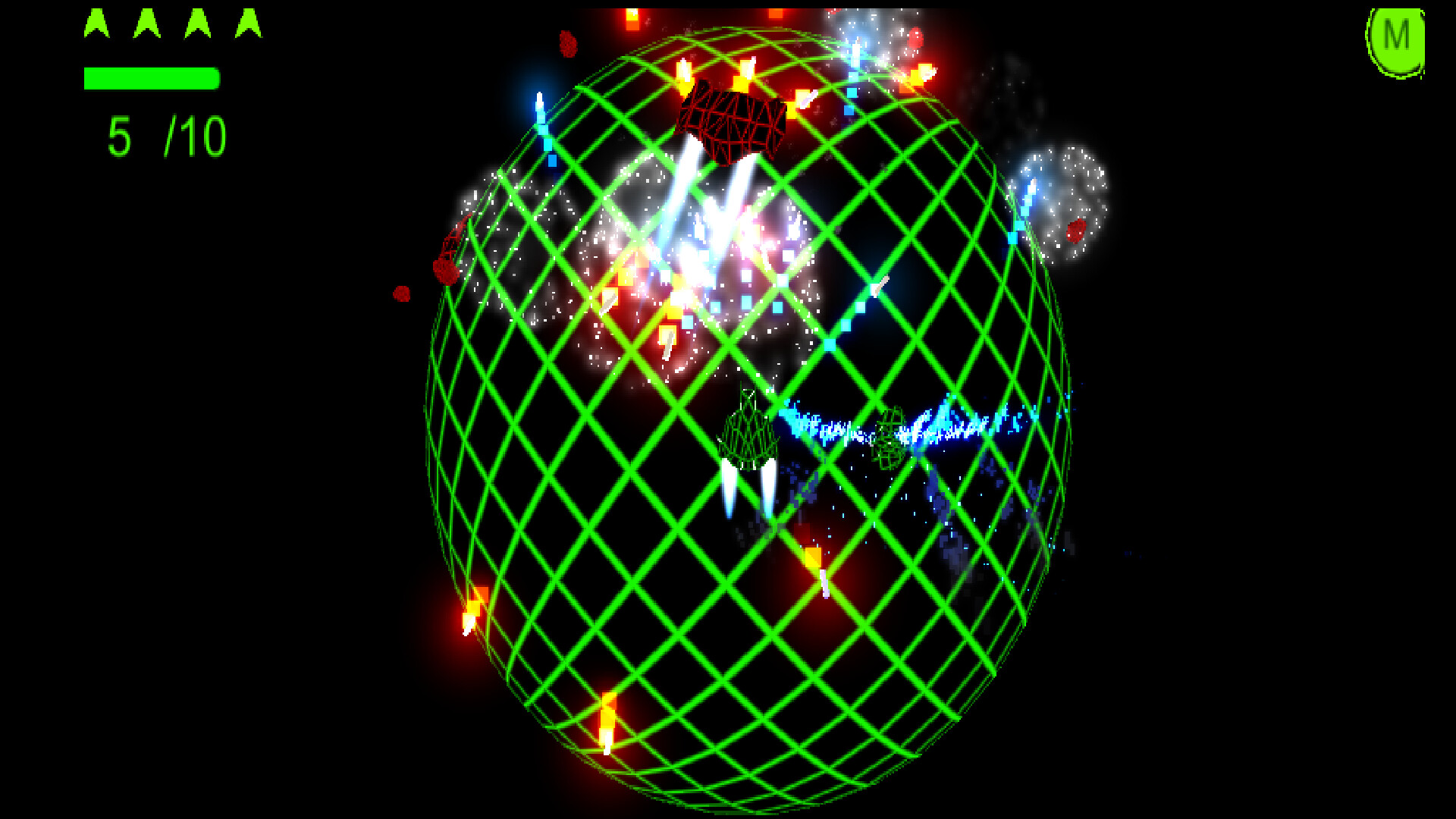 玩家飛船的尾部特寫,正在躲避來襲的雷射攻擊。