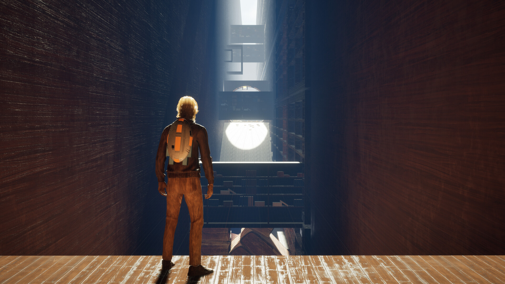 一個巨大的發光圓環懸浮在空中，埃德加渺小的身影在其下方。