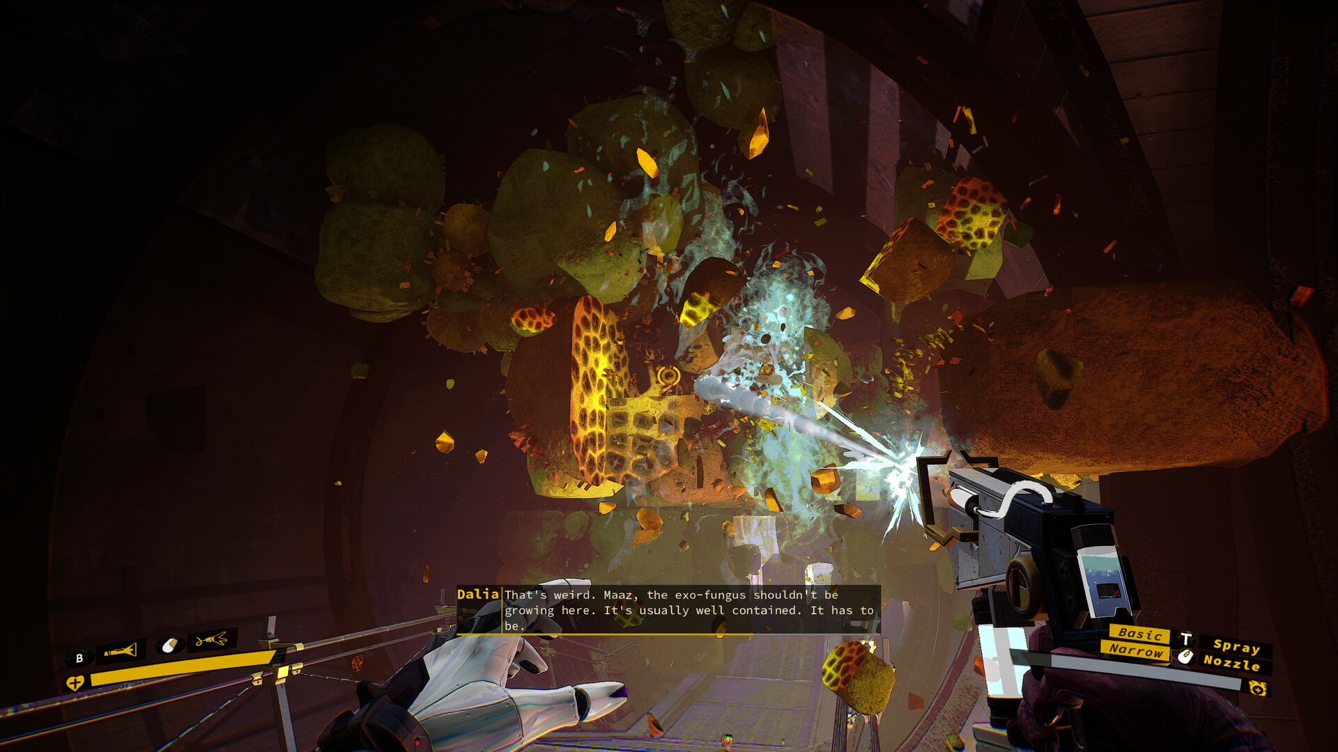 一個充滿詭異氣氛的場景,紅色的真菌和孢子瀰漫在空氣中,遠處的結構若隱若現。