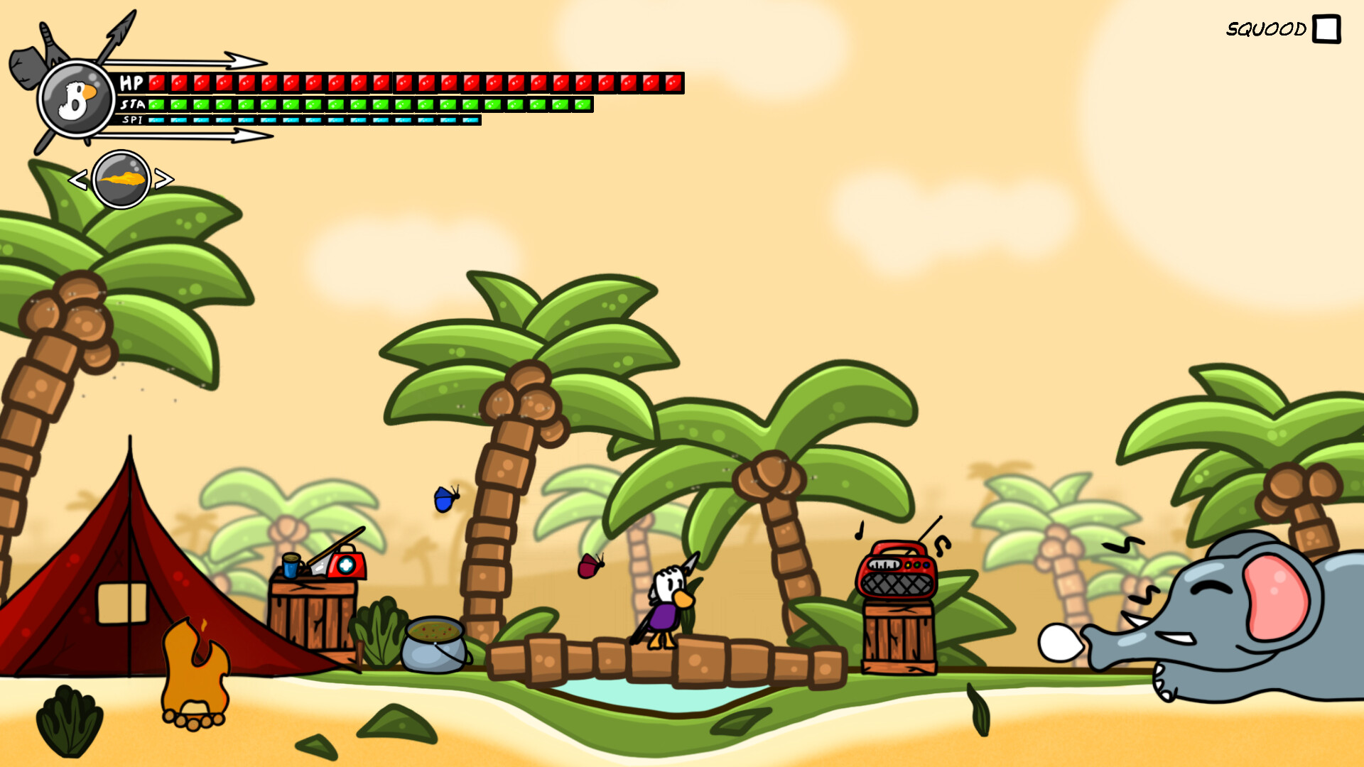 比克在一個村莊或營地中，這裡可能是進行整備和升級的地方。