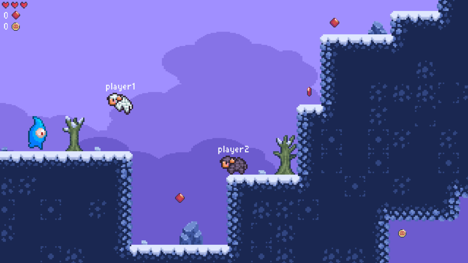 一隻太空羊在充滿紫色植物和瀑布的洞穴中跳躍