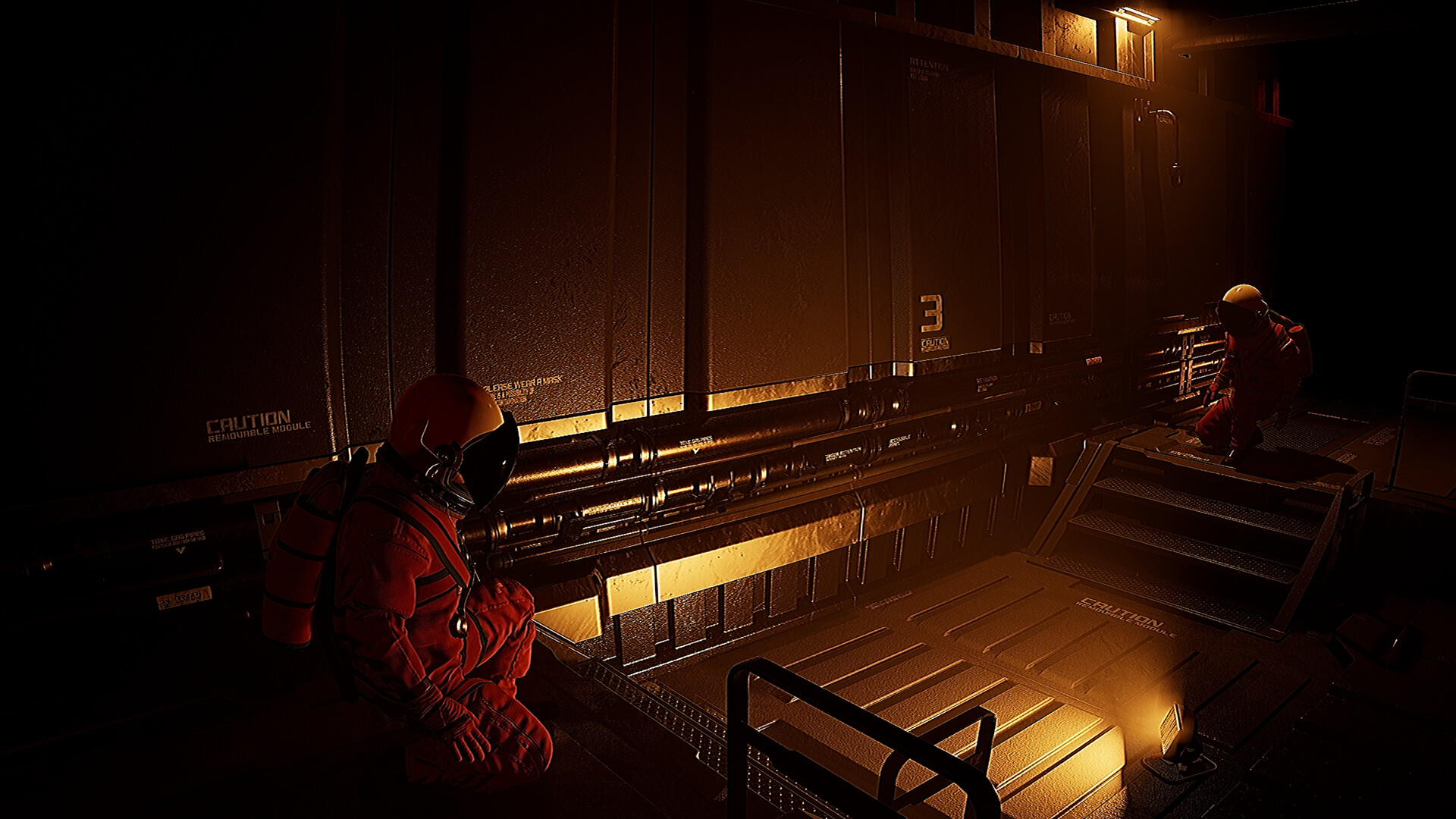 玩家在 Blood Moon Horror 幽暗的太空站走廊中探索。