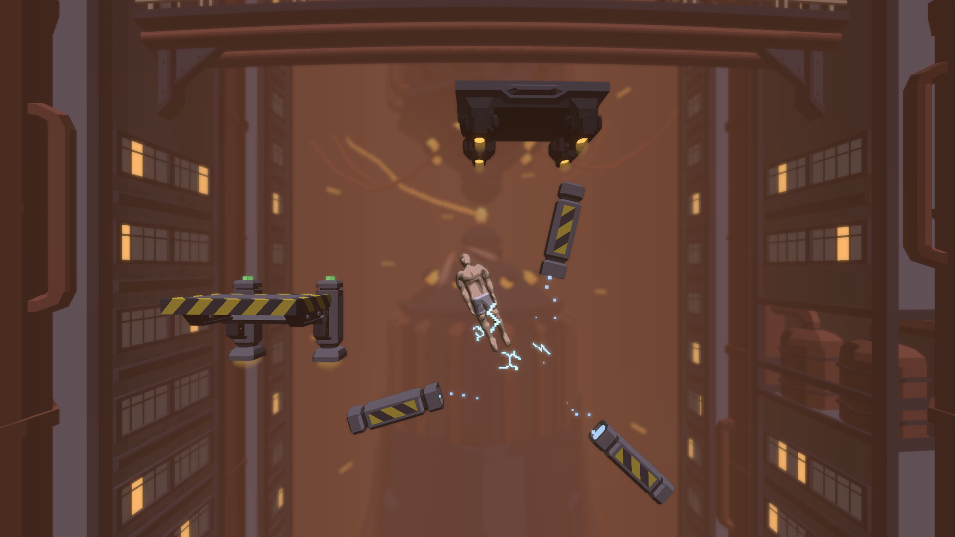 角色在狹窄的平台上艱難前進，背景是繁華的城市。