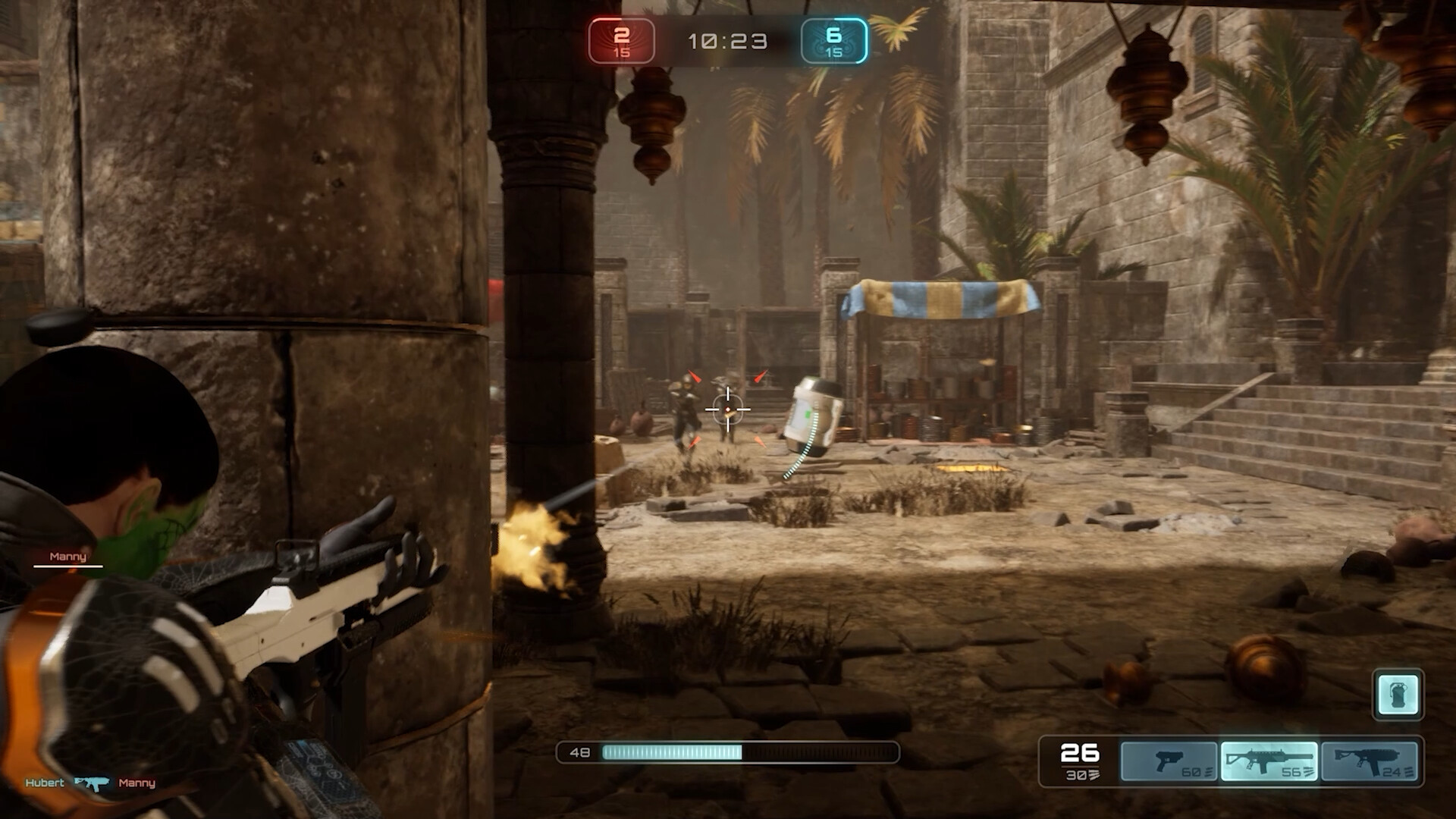 一名士兵在夕陽下的城市廢墟中持槍警戒，營造出緊張而壯麗的氛圍。