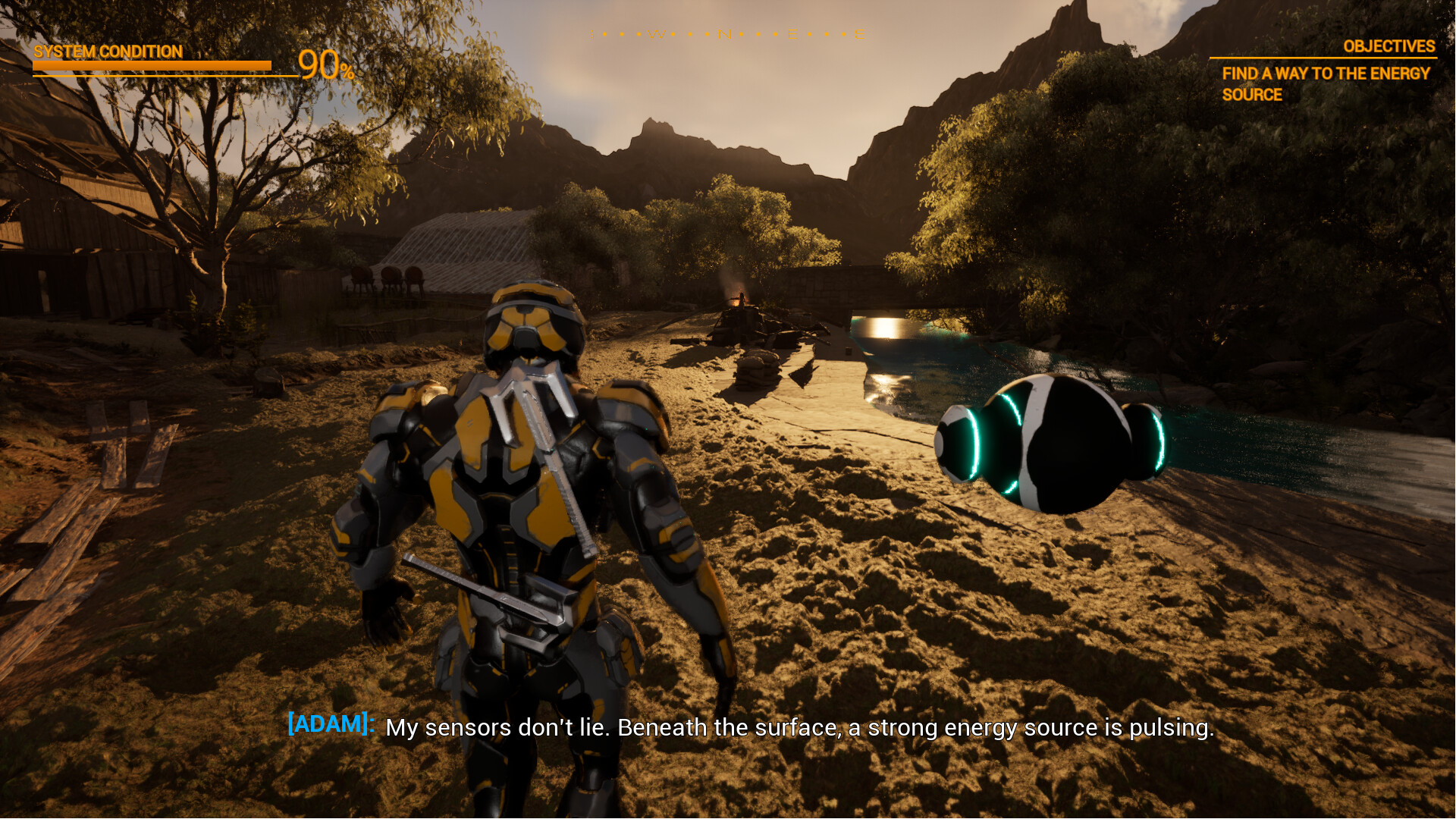 廣闊的戶外場景,遠處有山脈和廢棄的建築。