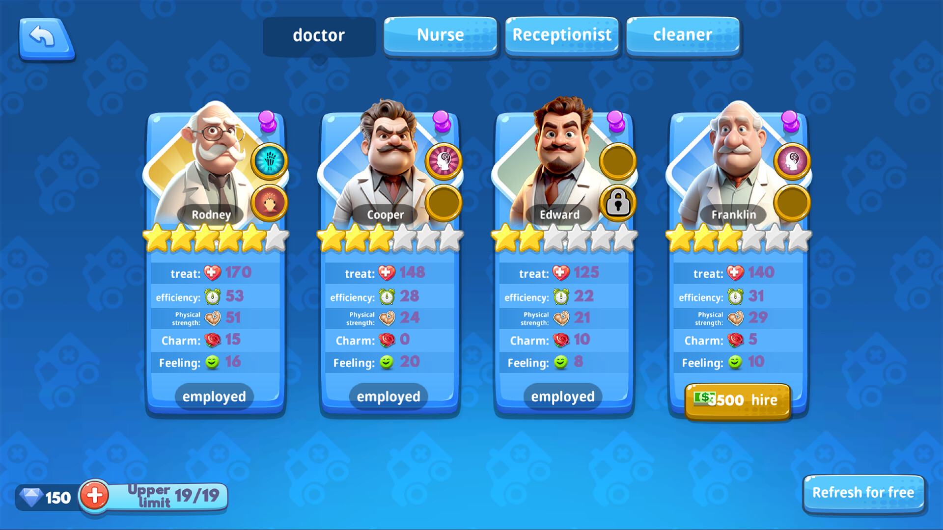 遊戲的員工管理界面,展示了醫生的詳細資訊,包括技能、心情和薪資等。