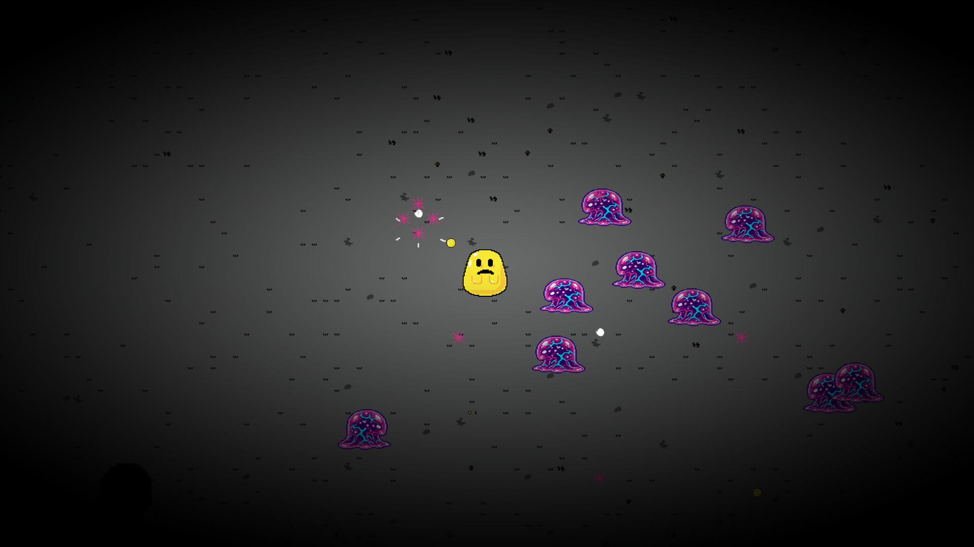 遊戲畫面截圖，顯示角色在一片開闊地上與一個巨大的、多眼的Boss級怪物對峙。