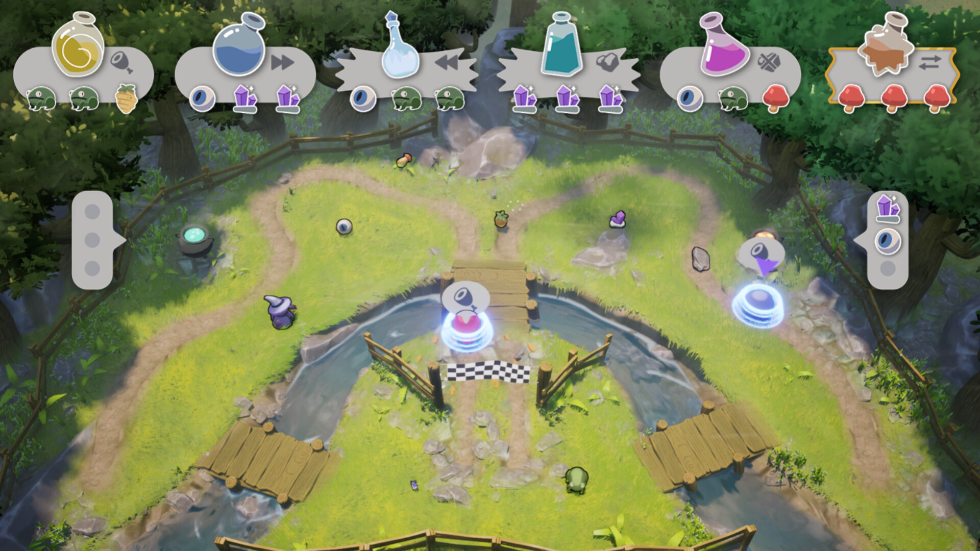 玩家角色在充滿巨大蘑菇與水晶的森林中採集材料。