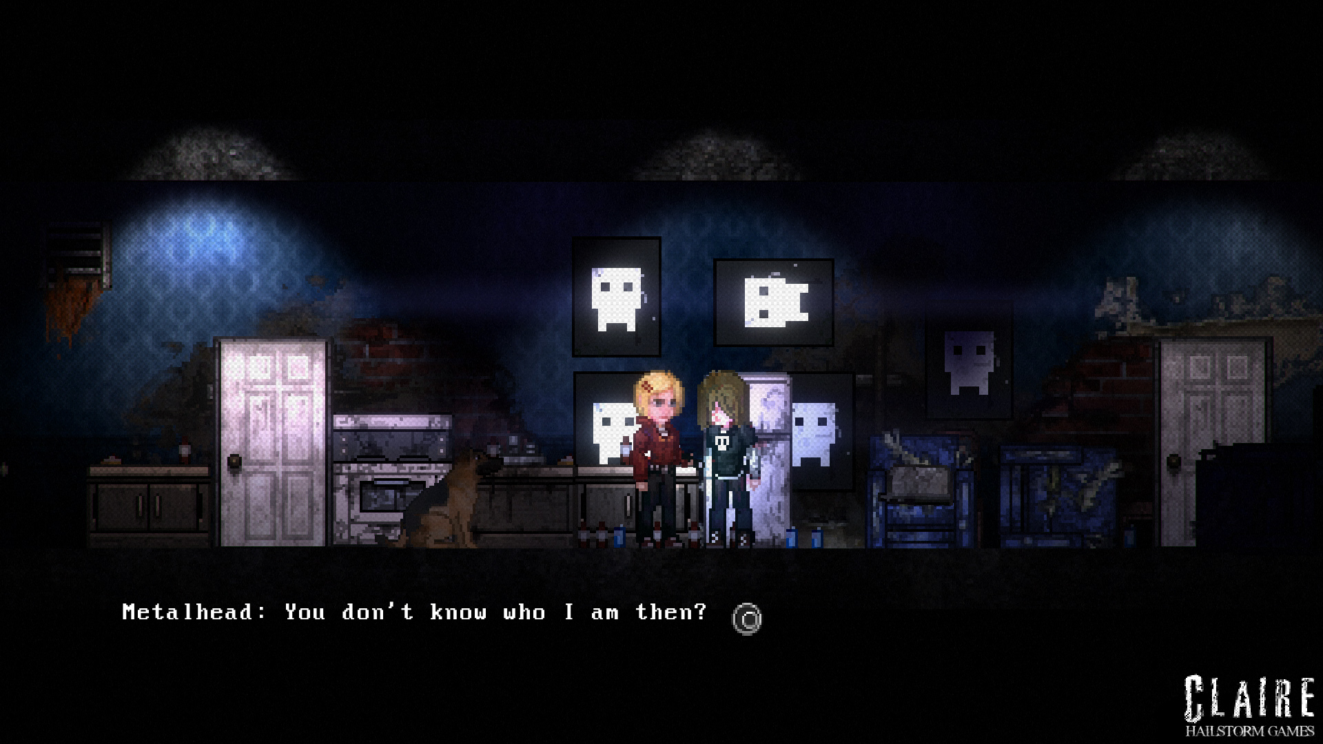 克萊爾(Claire)遊戲畫面,主角與小狗在陰暗的場景中