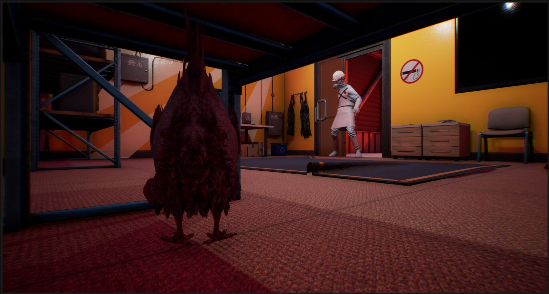 一隻雞站在一個平台上,俯瞰著一個巨大的、充滿機器的工業設施,光線從上方射入。