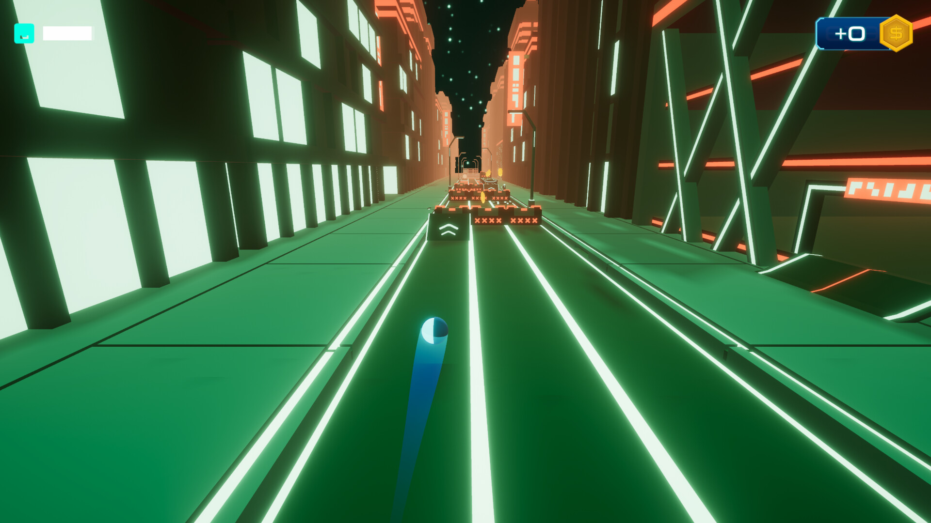遊戲截圖，滾球正在一條狹窄的霓虹橋上行駛，周圍是抽象的幾何圖形。