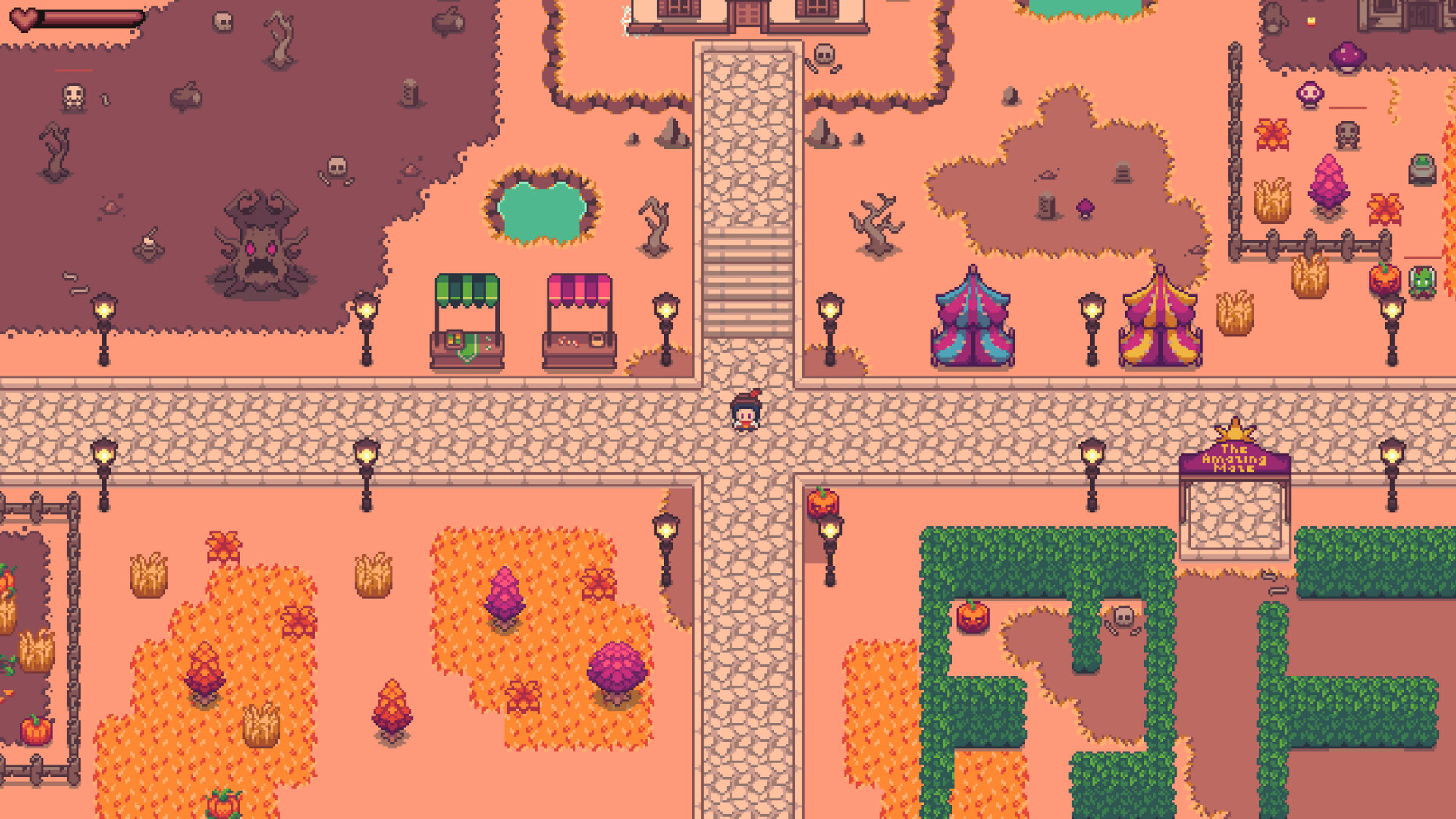 玩家角色在一個綠色主題的關卡中，周圍有許多植物和一個發光的傳送門。