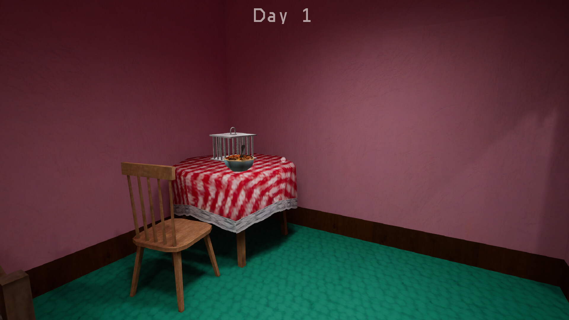 遊戲中的主要場景，一個簡陋的房間，中間有一張桌子和椅子。