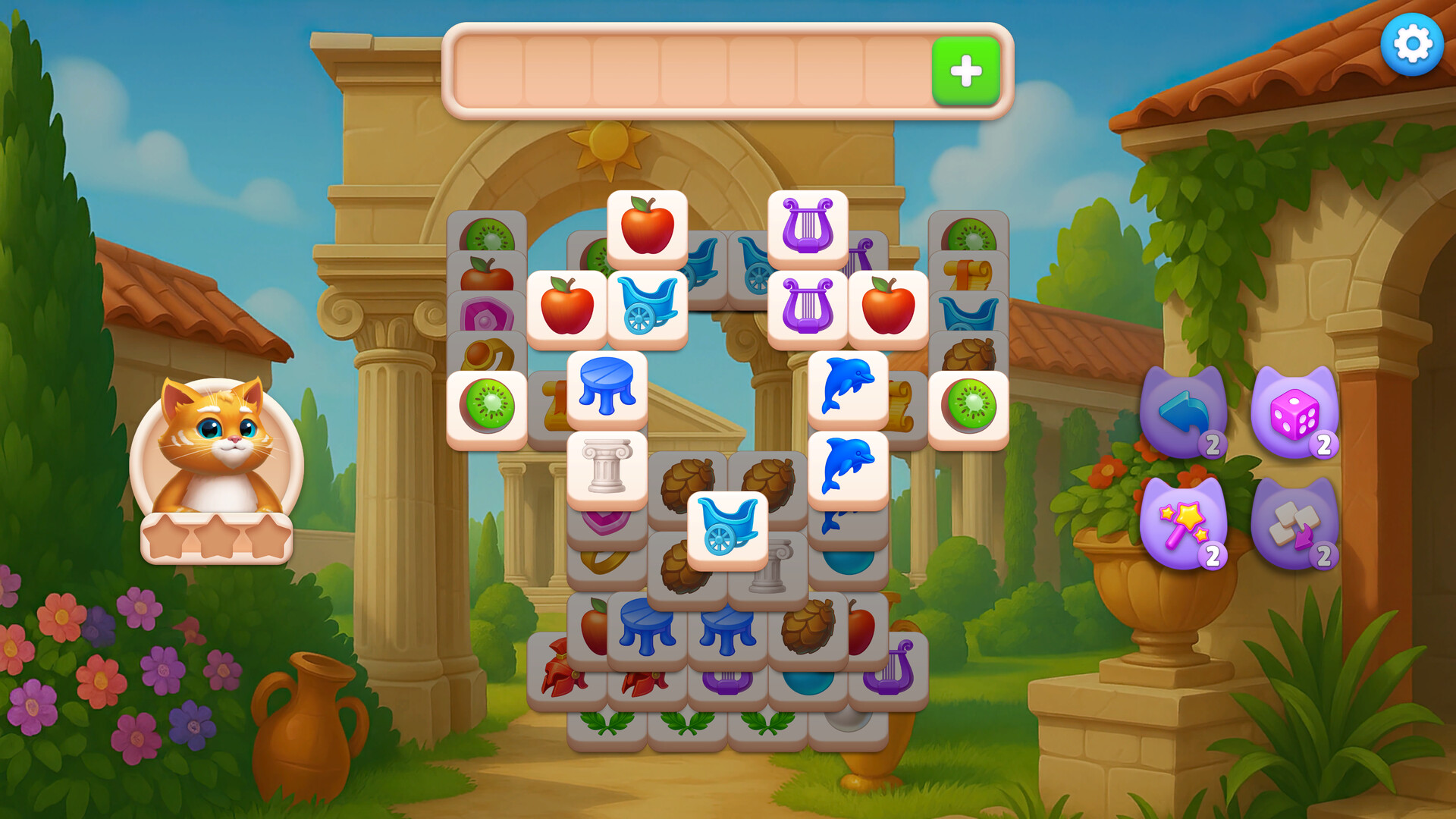 遊戲的麻將-3關卡界面,牌面圖案可愛,包含貓爪、毛線球等元素。