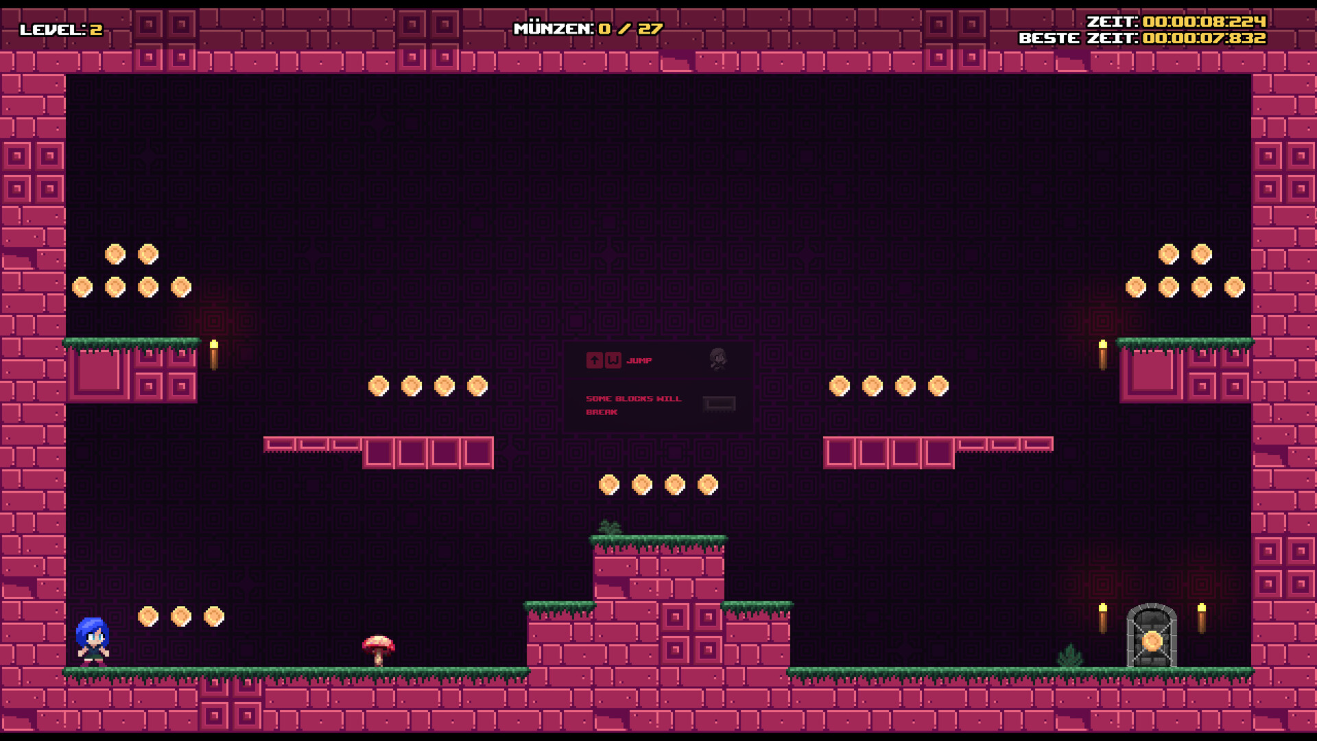 遊戲主角貝蒂在充滿綠色植物與瀑布的關卡中跳躍。