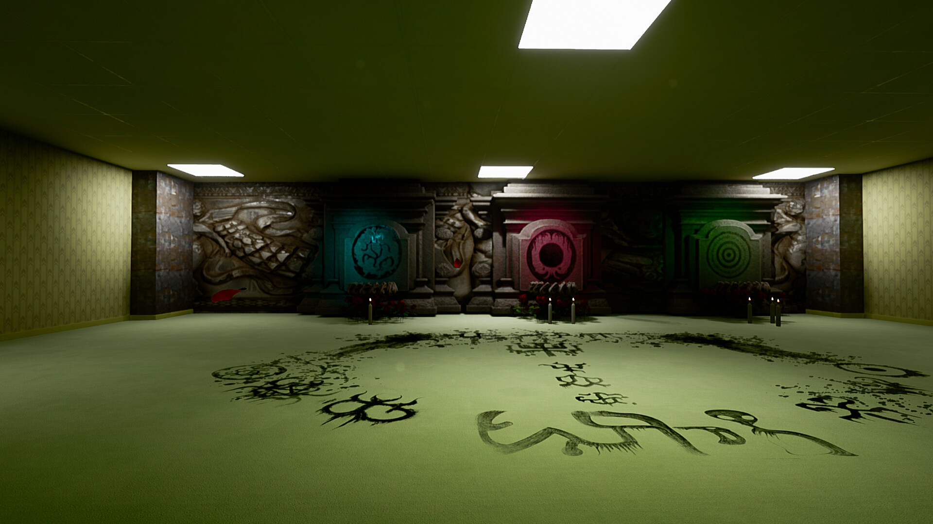 遊戲中的一個場景，展示了迷宮中詭異的結構和光影效果。