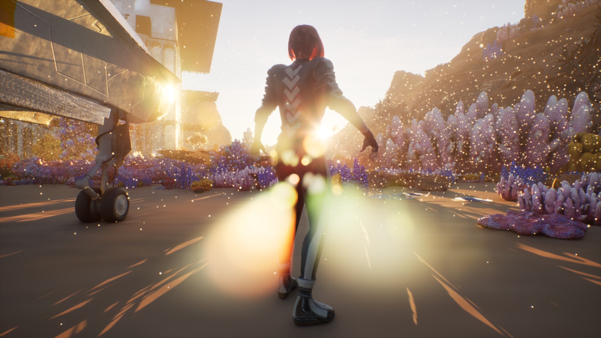 一名角色站在發光的植物前