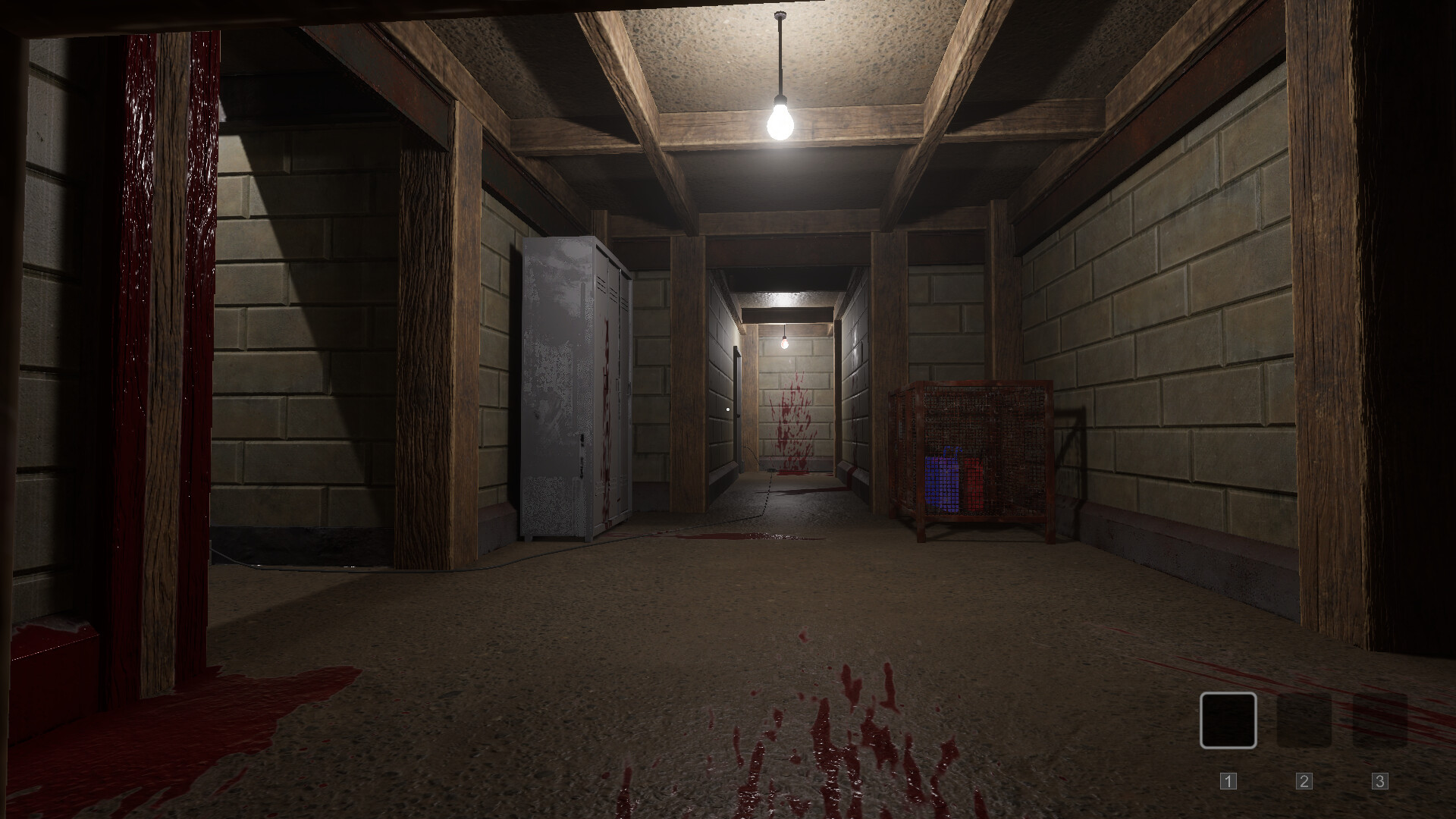 一個詭異的場景，紅色的液體和模糊的人影，暗示了遊戲的血腥內容。