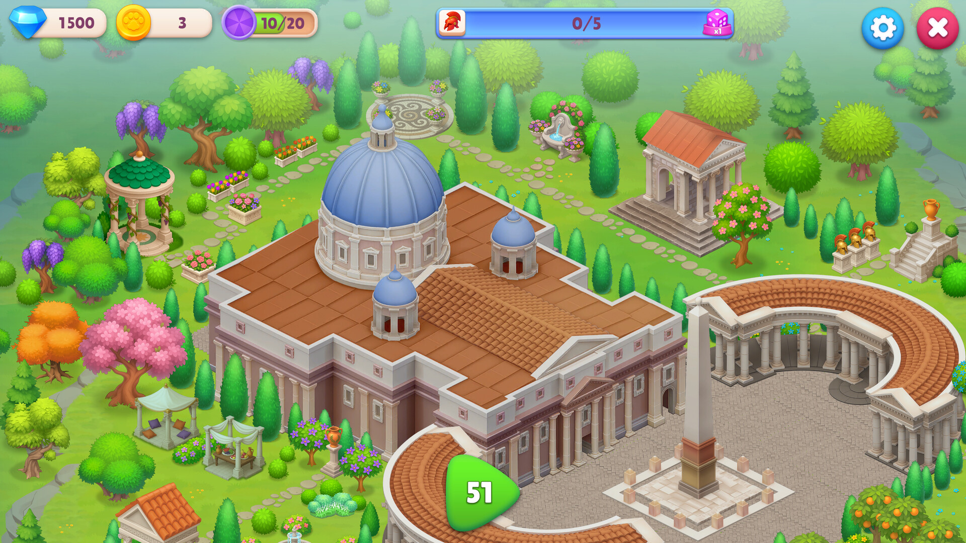 玩家正在裝飾一個羅馬風格的庭院,可以選擇不同的物品擺放。