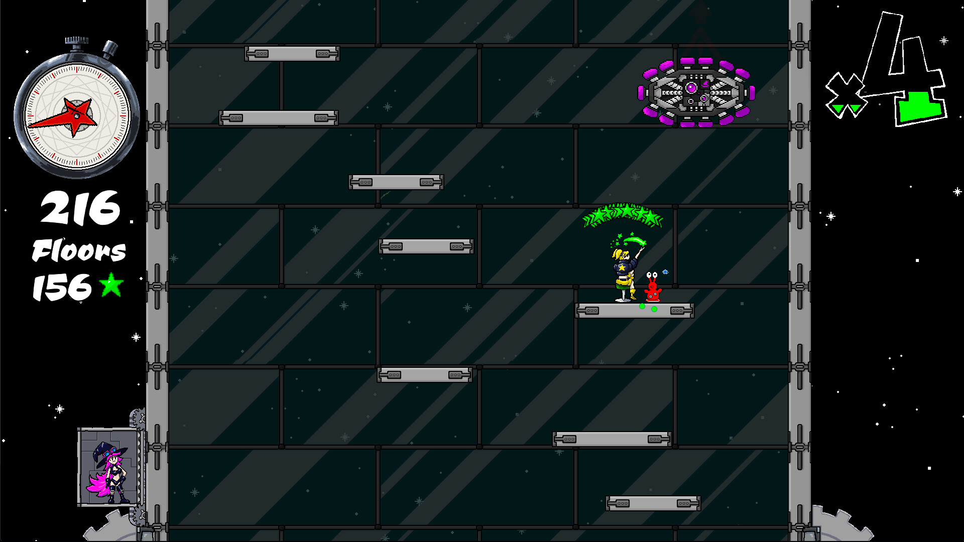 魔女之塔的實際遊戲畫面,展示了像素風格的平台與角色。