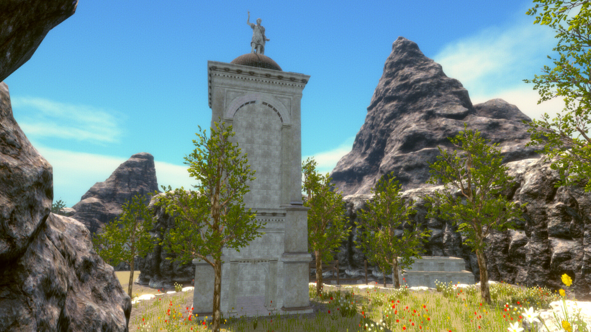 奧利恩遊戲中充滿陽光與巨大石製結構的場景。