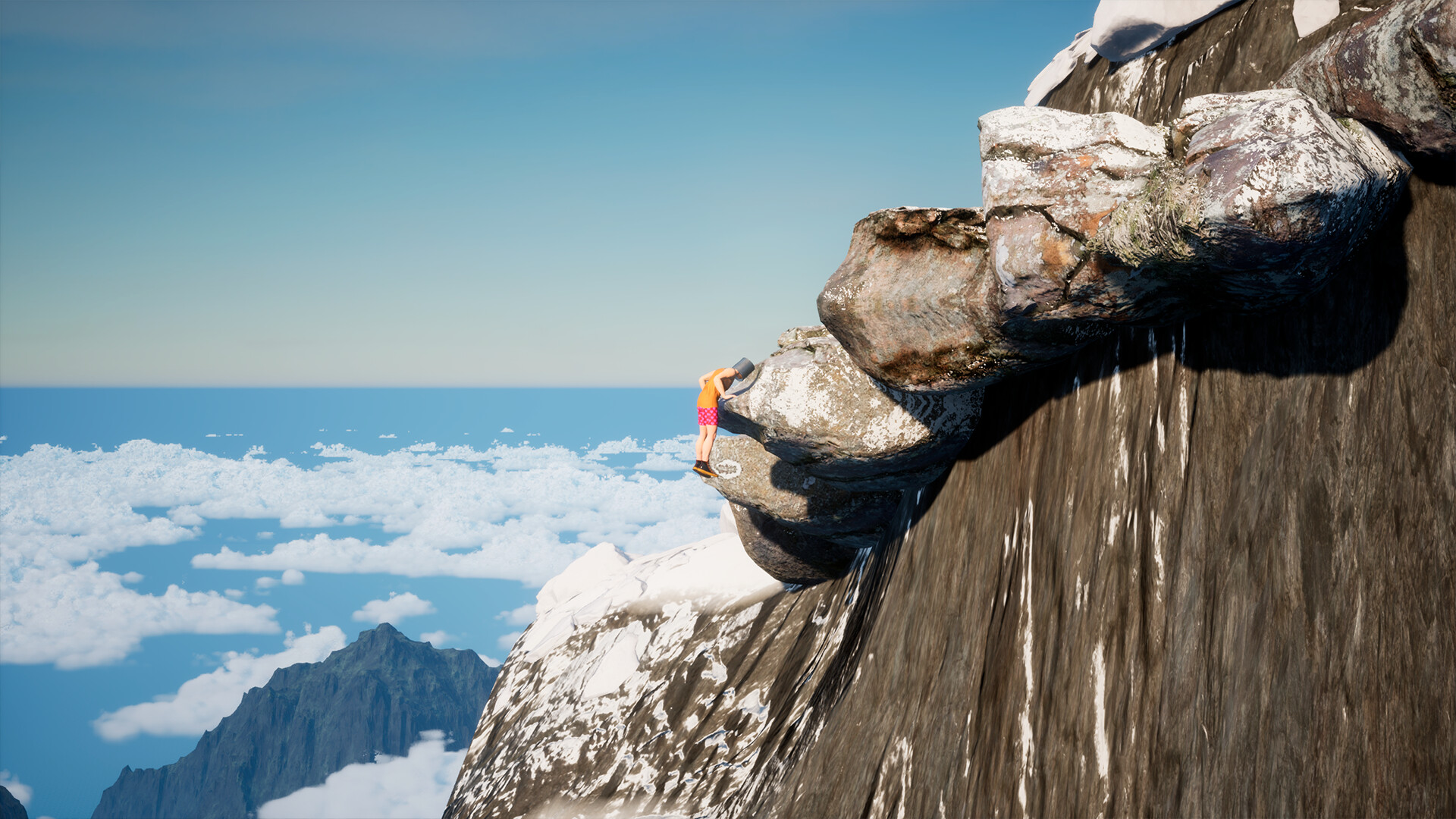 主角在一系列懸浮的平台上跳躍，背景是奇異的城市建築。